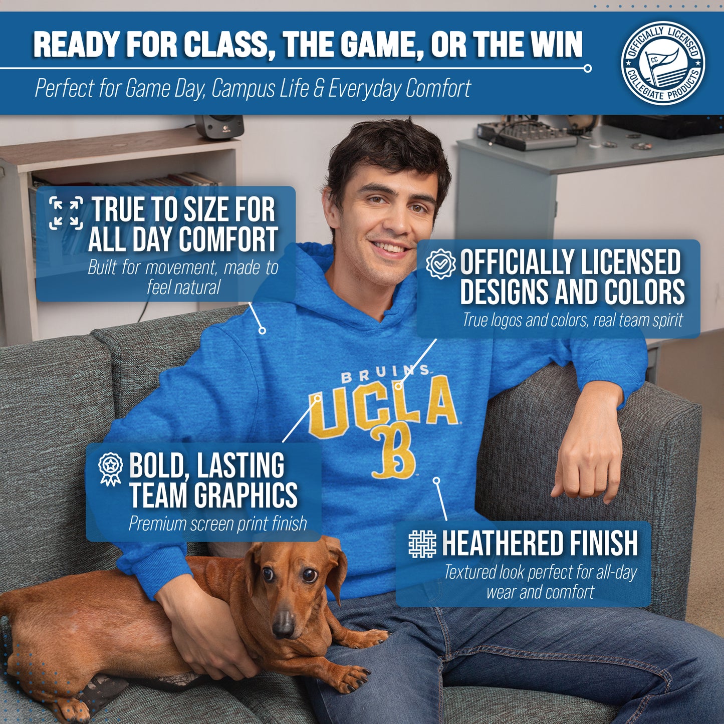 UCLA Bruins NCAA Adult Unisex Starting Fresh Heathered Hooded Fleece Sweatshirt - Blue Heather