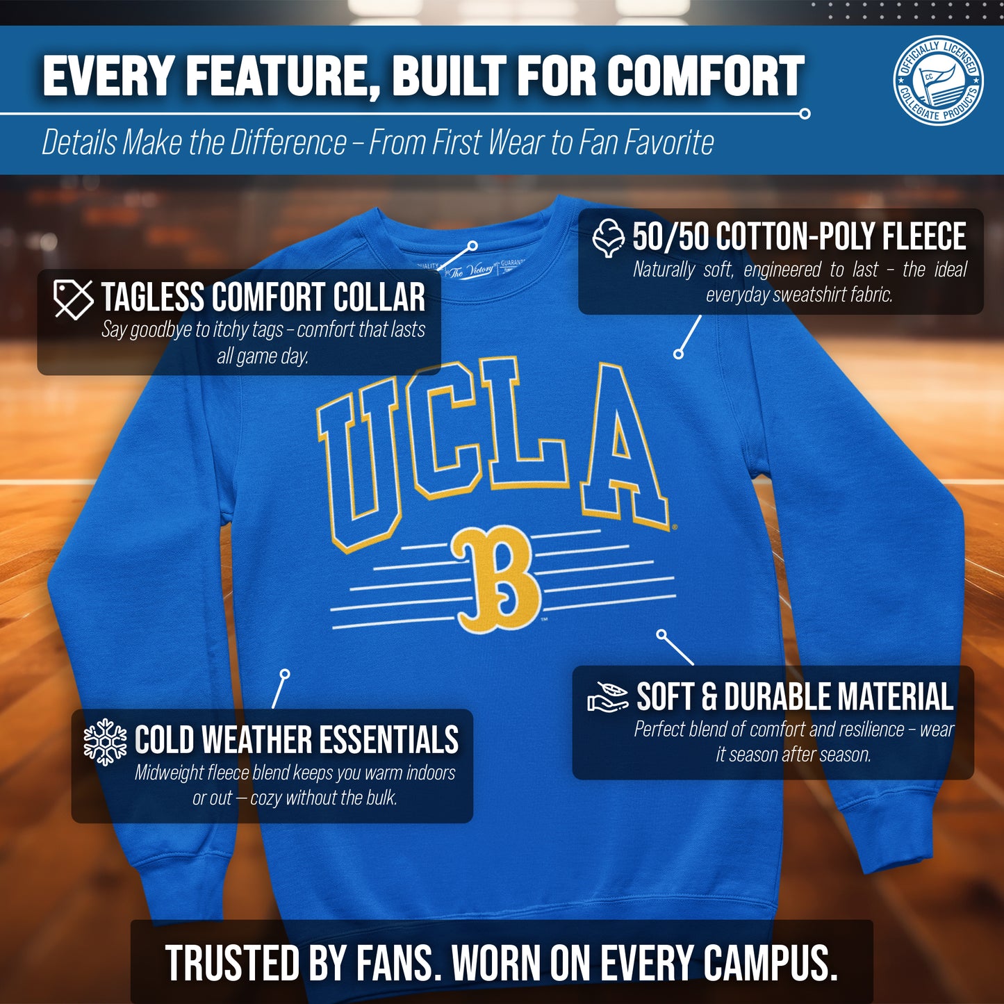 UCLA Bruins NCAA Adult Unisex Overtime Classics Crewneck Fleece Sweatshirt - Blue