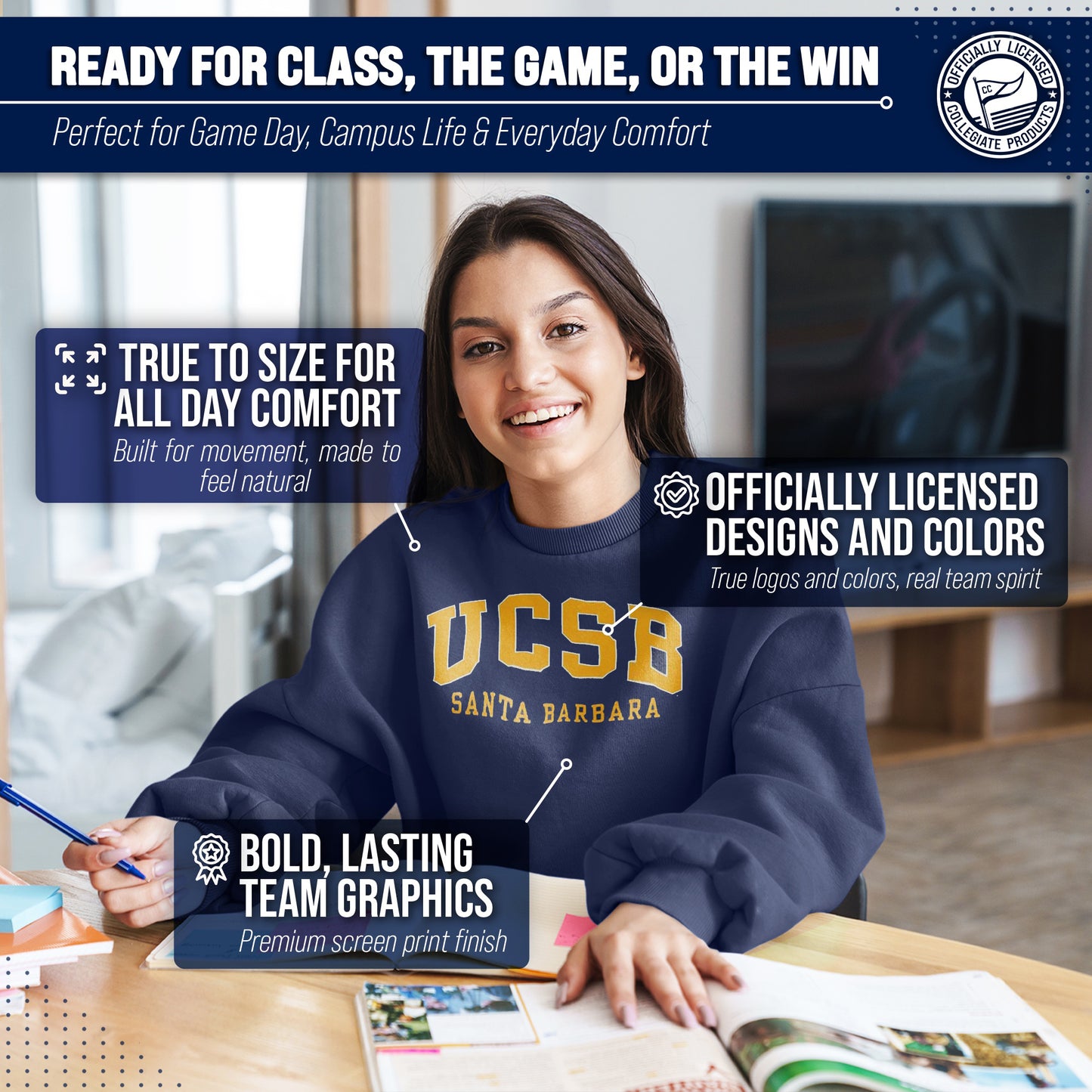 UCSB Gauchos Campus Colors Adult Arch & Logo Soft Style Gameday Crewneck Sweatshirt  - Navy