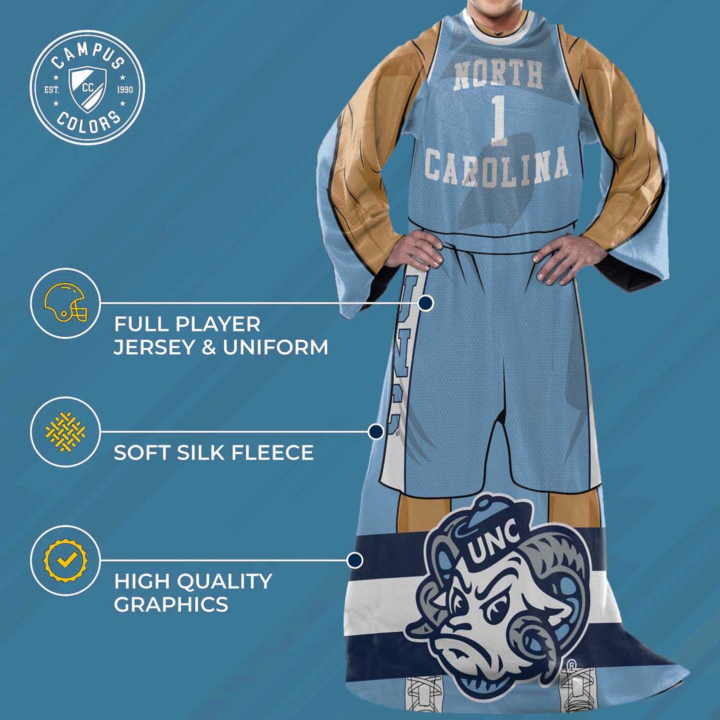 North Carolina Tar Heels NCAA Team Wearable Blanket with Sleeves - Carolina Blue