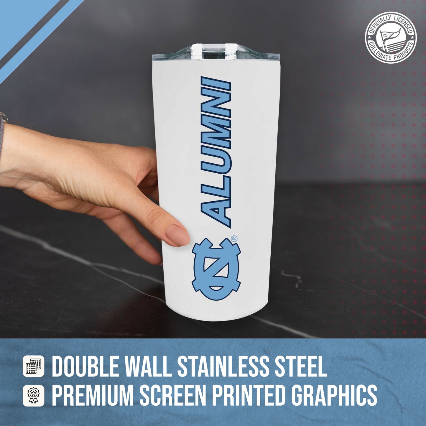 North Carolina Tar Heels Collegiate Stainless Steel Travel Tumbler for Alumni - White