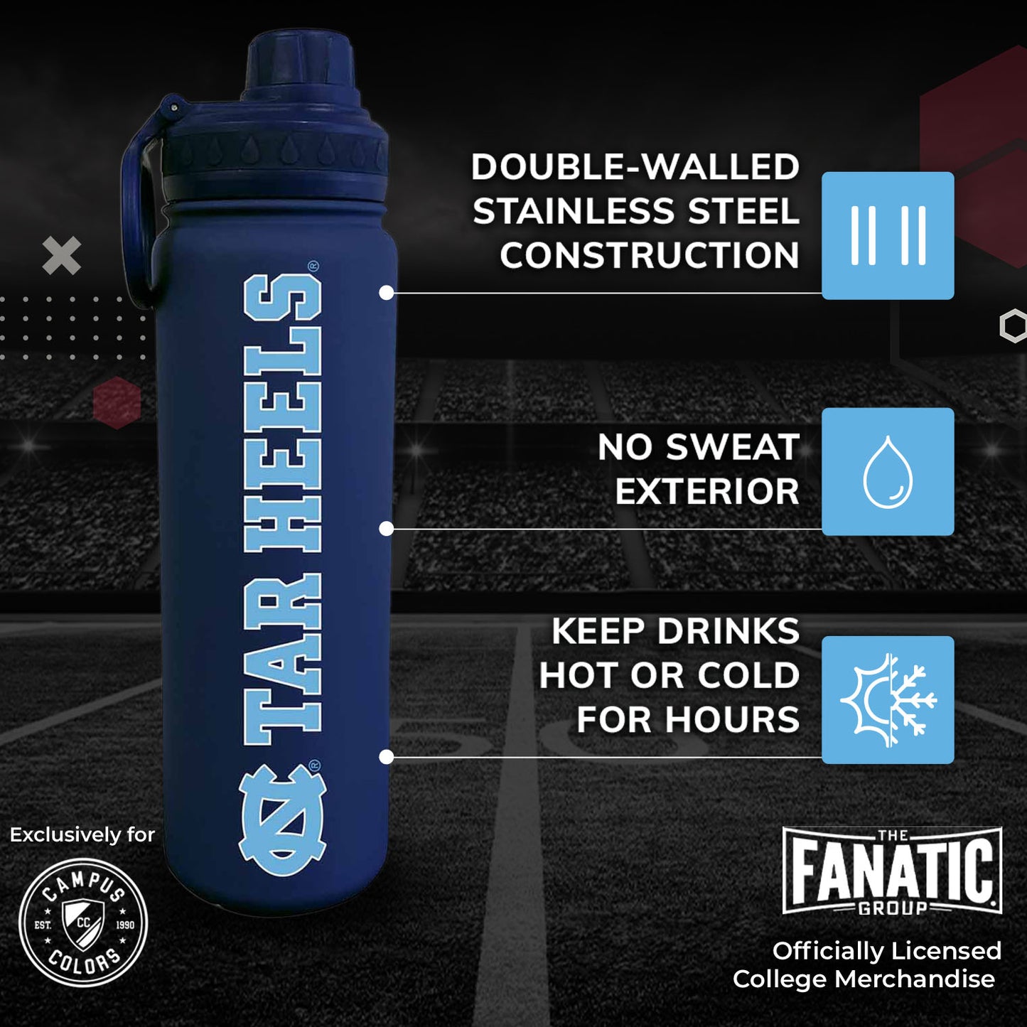 North Carolina Tar Heels Stainless Steel Vacuum Sealed Sport College Water Bottle - Navy