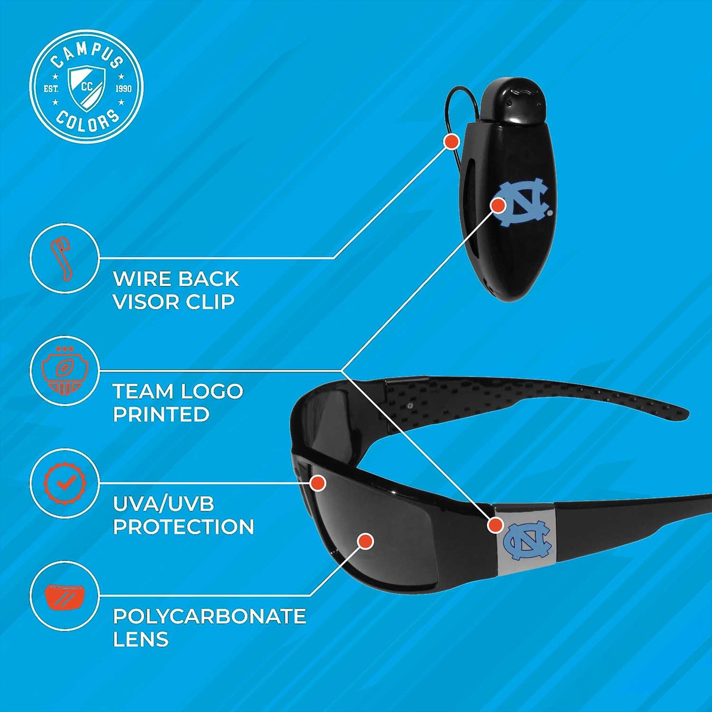 North Carolina Tar Heels NCAA Black Chrome Sunglasses with Visor Clip Bundle - Black