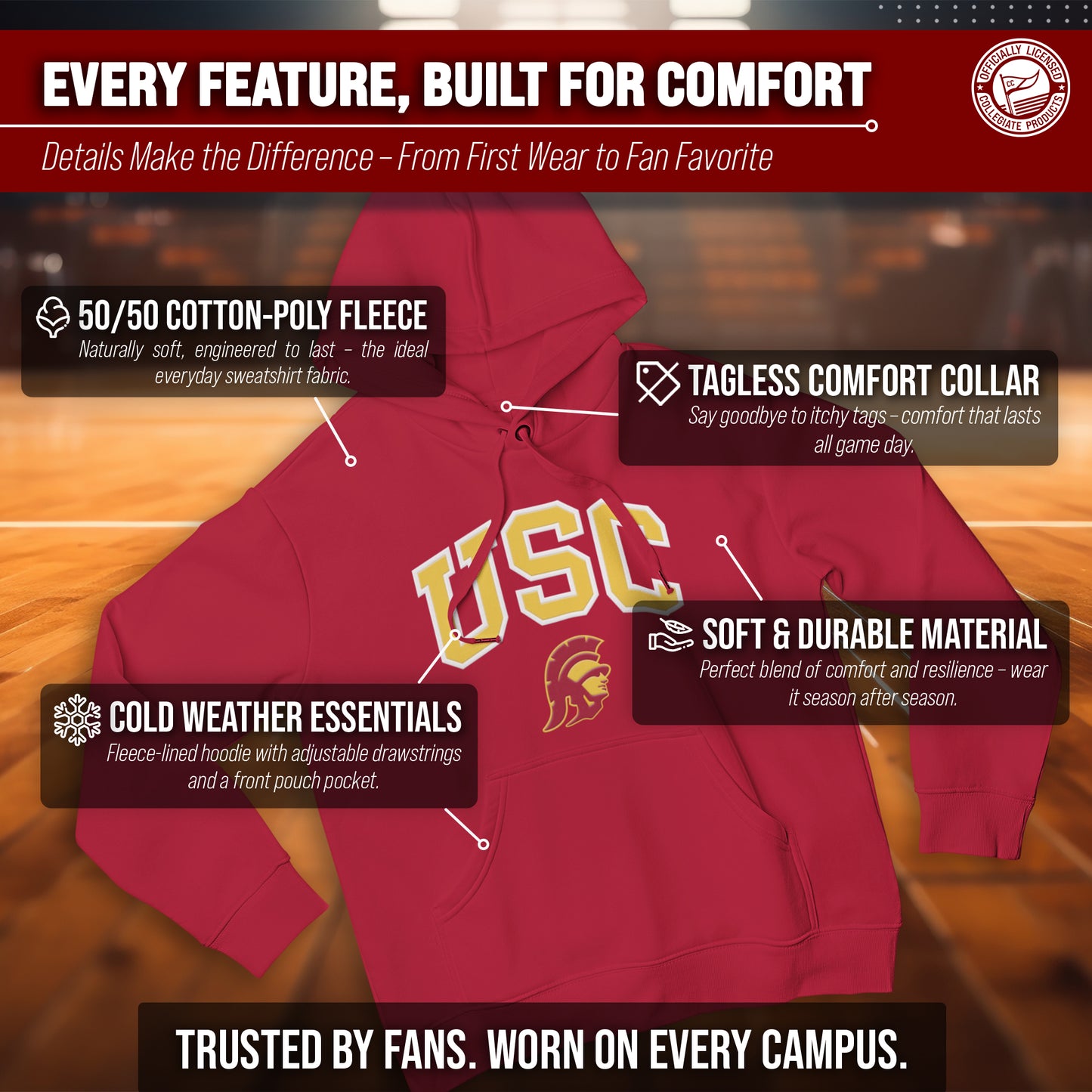 USC Trojans NCAA Adult Tackle Twill Hooded Sweatshirt - Cardinal
