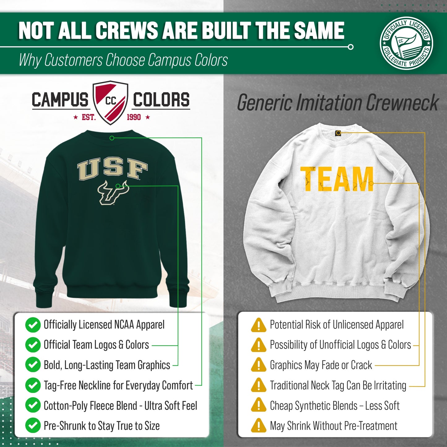 USF Bulls Adult Arch & Logo Soft Style Gameday Crewneck Sweatshirt - Green