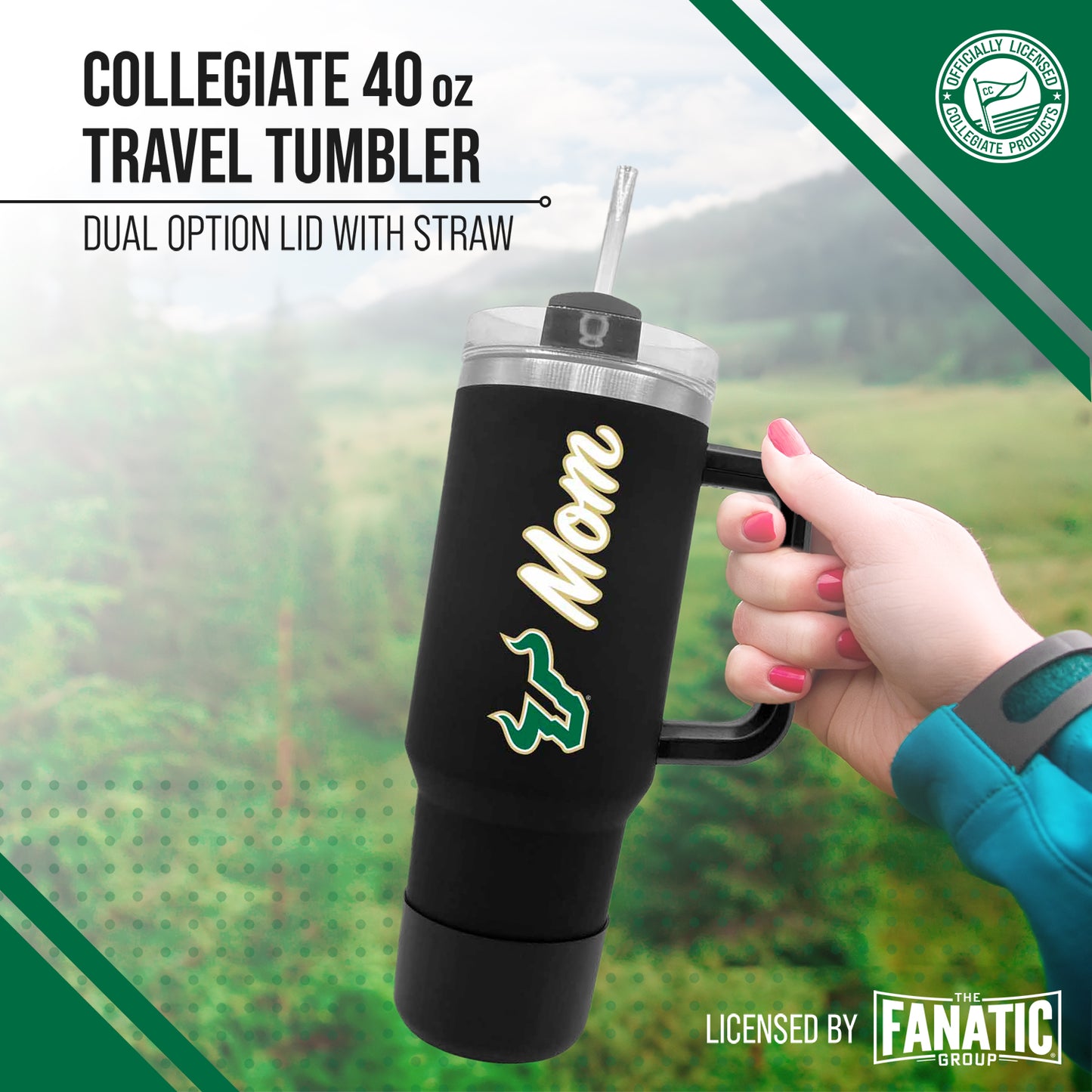 USF Bulls Collegiate 40oz Stainless Steel Travel Tumbler with Handle for Mom - Black