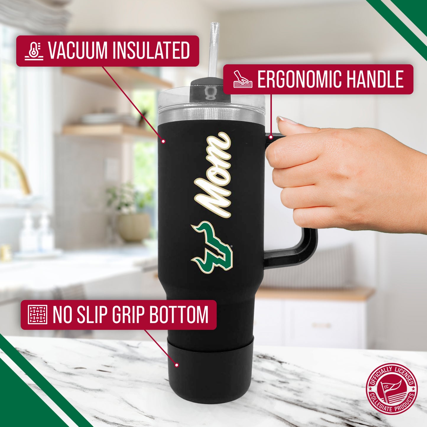 USF Bulls Collegiate 40oz Stainless Steel Travel Tumbler with Handle for Mom - Black