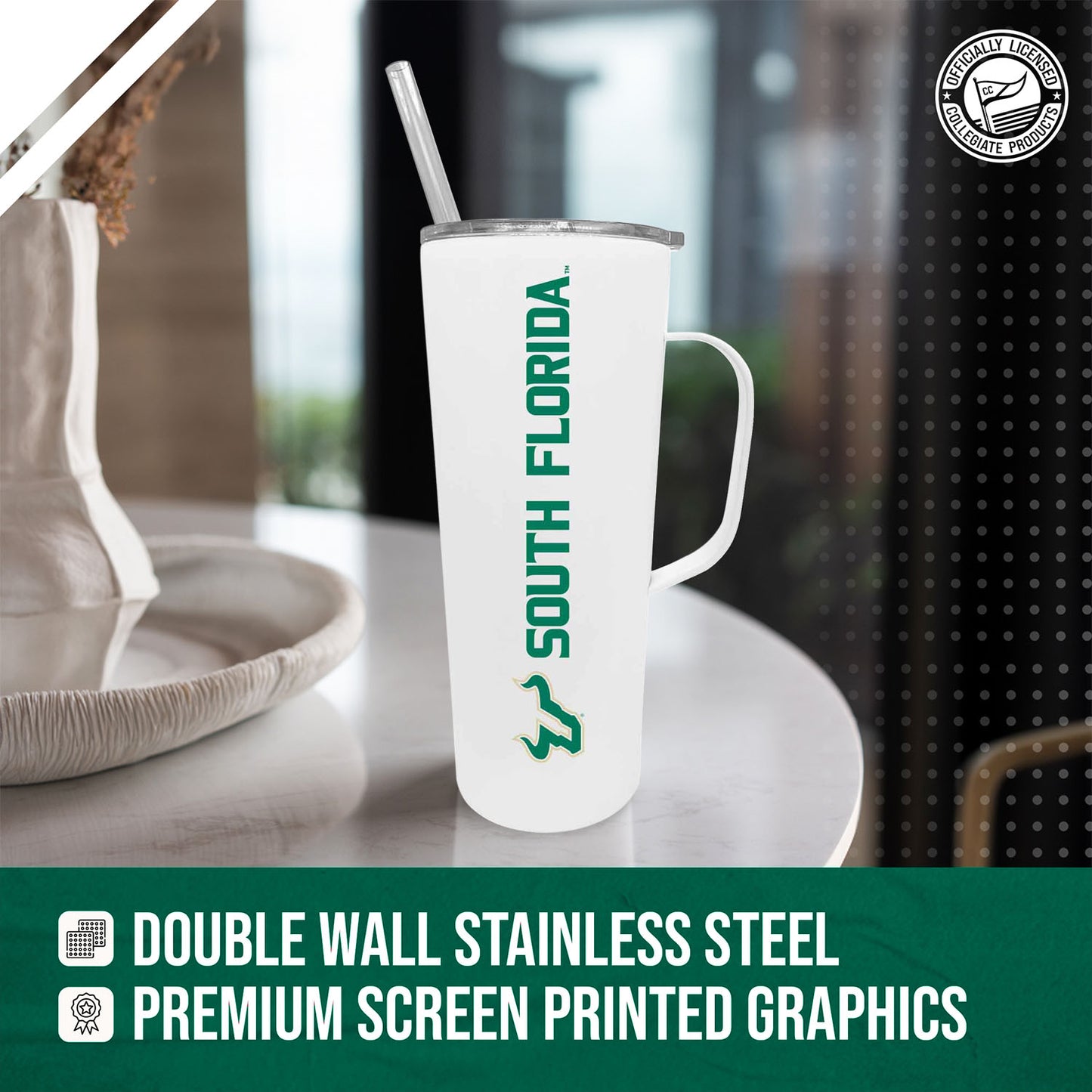 USF Bulls NCAA Stainless Steel 20oz Roadie With Handle & Dual Option Lid With Straw - White