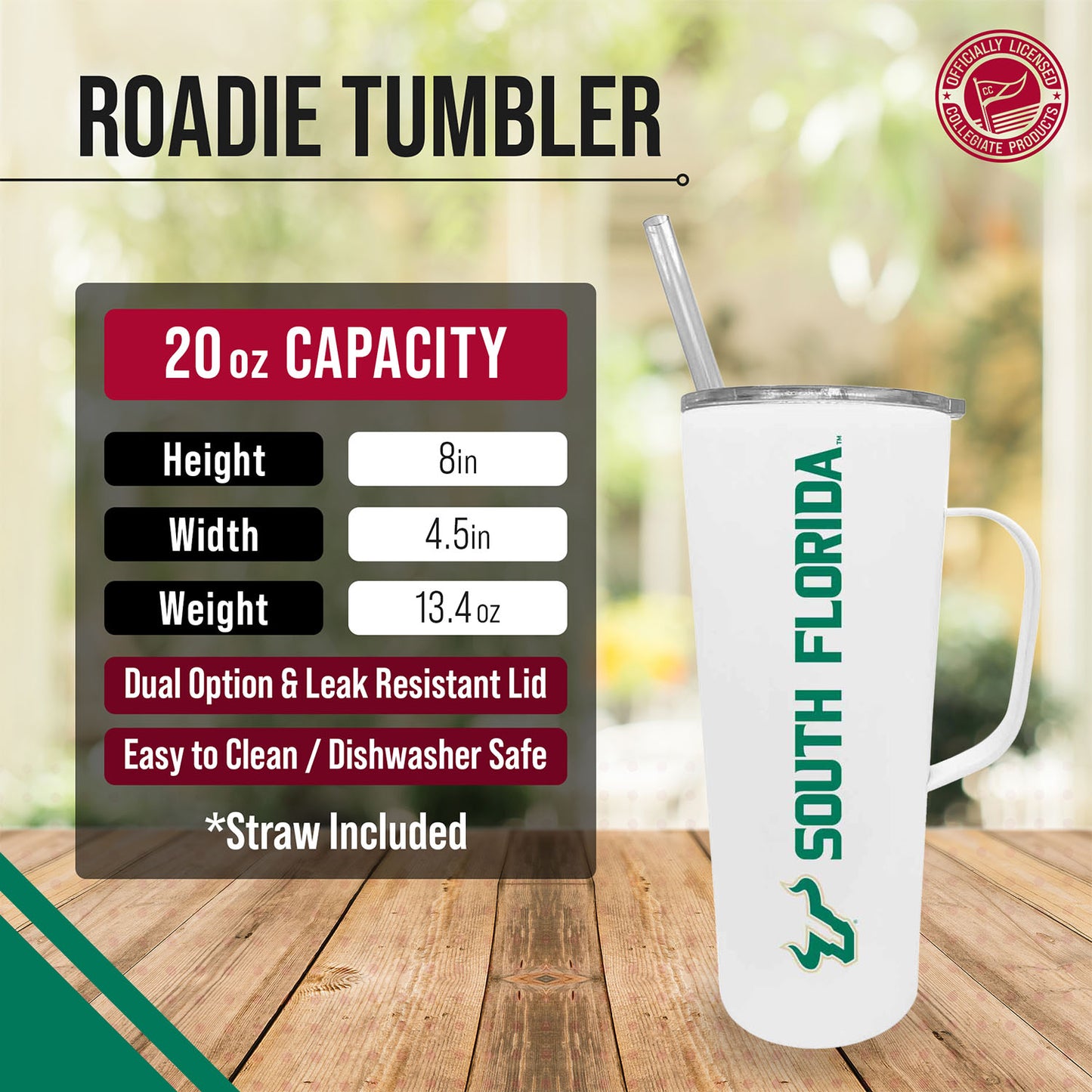 USF Bulls NCAA Stainless Steel 20oz Roadie With Handle & Dual Option Lid With Straw - White
