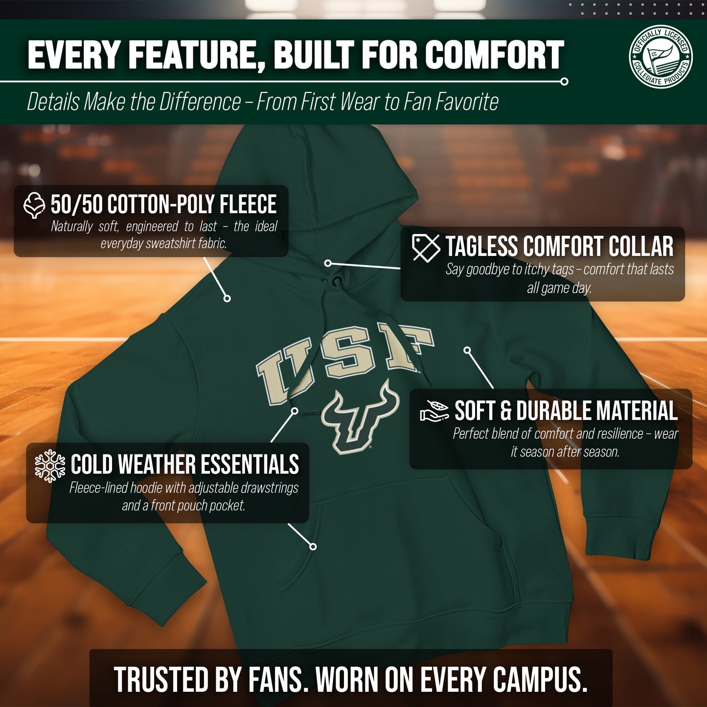 USF Bulls Adult Arch & Logo Soft Style Gameday Hooded Sweatshirt - Green