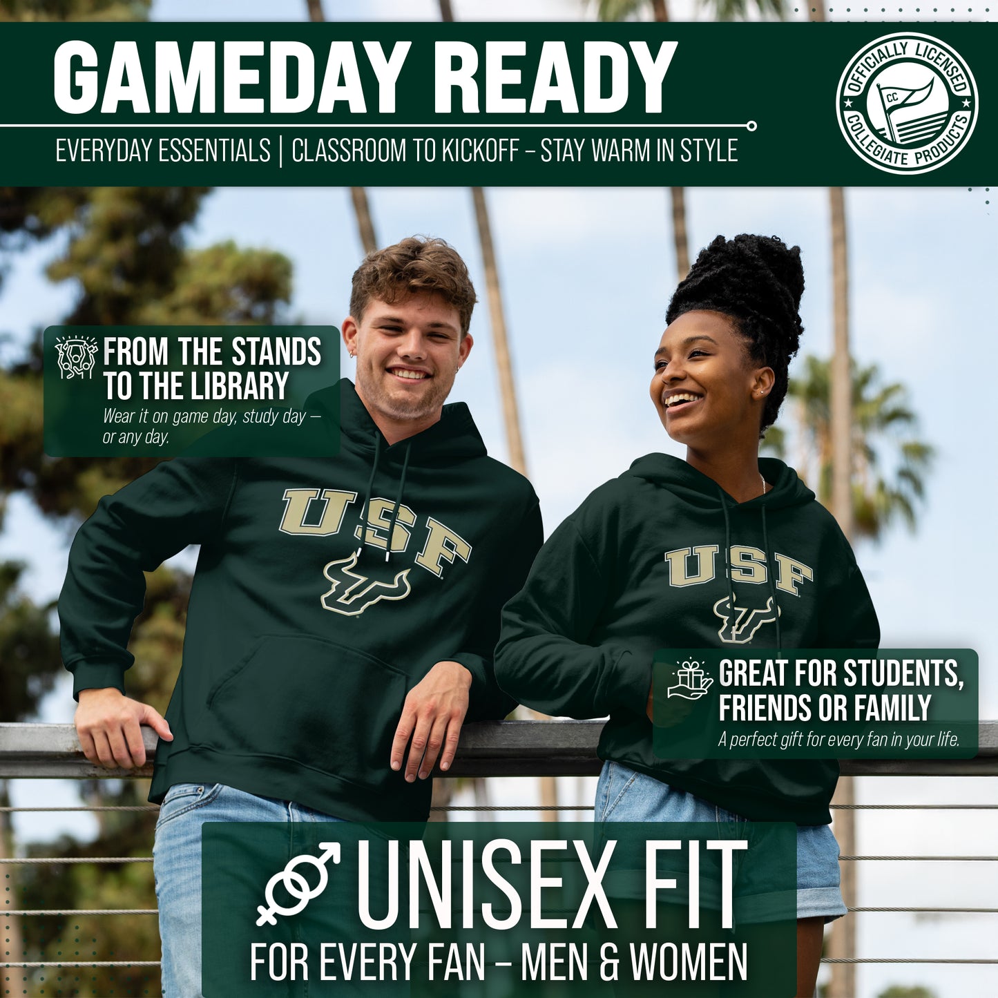 USF Bulls Adult Arch & Logo Soft Style Gameday Hooded Sweatshirt - Green