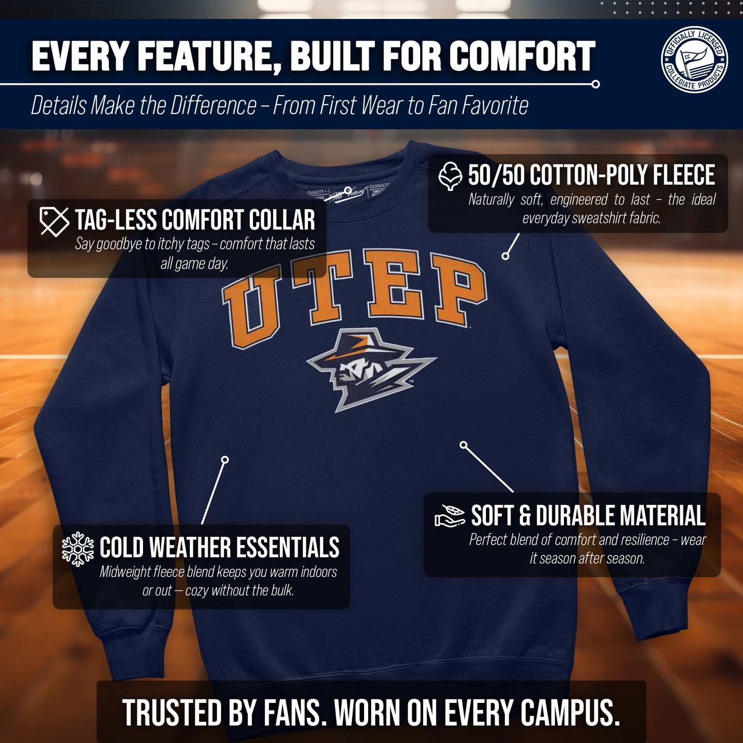 UTEP Miners Adult Arch & Logo Soft Style Gameday Crewneck Sweatshirt - Navy