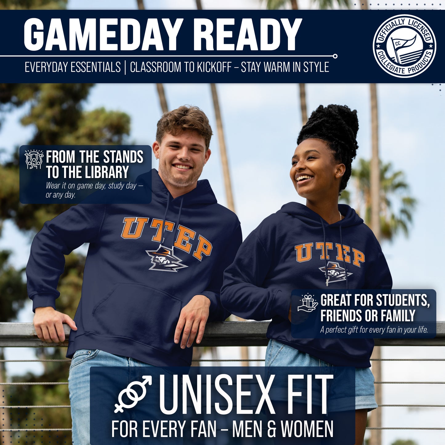 UTEP Miners Adult Arch & Logo Soft Style Gameday Hooded Sweatshirt - Navy