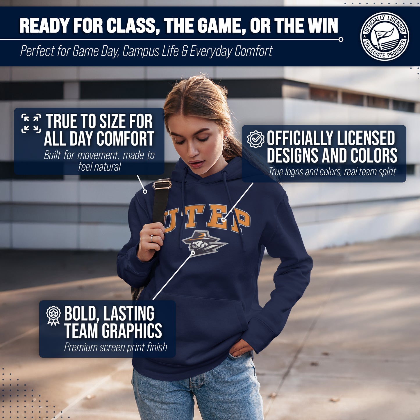 UTEP Miners Adult Arch & Logo Soft Style Gameday Hooded Sweatshirt - Navy