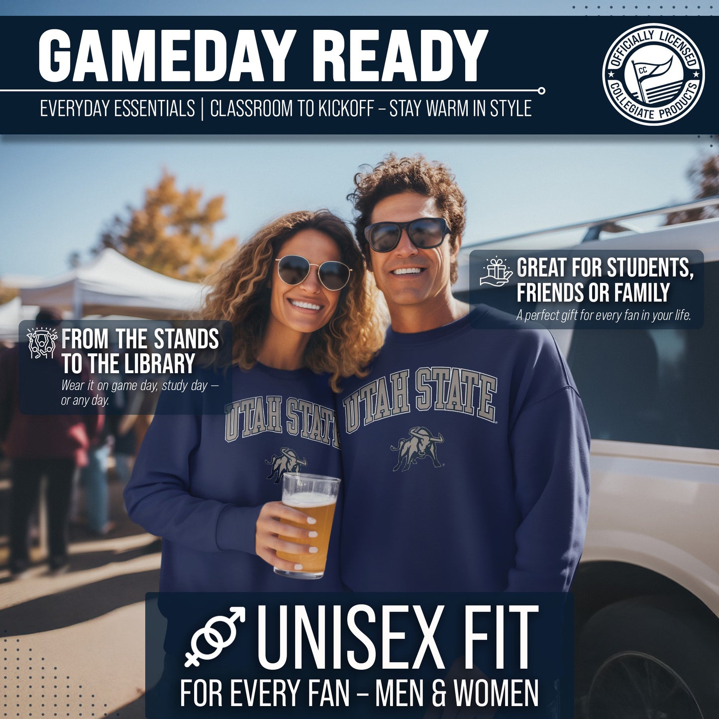 Utah State Aggies Adult Arch & Logo Soft Style Gameday Crewneck Sweatshirt - Navy