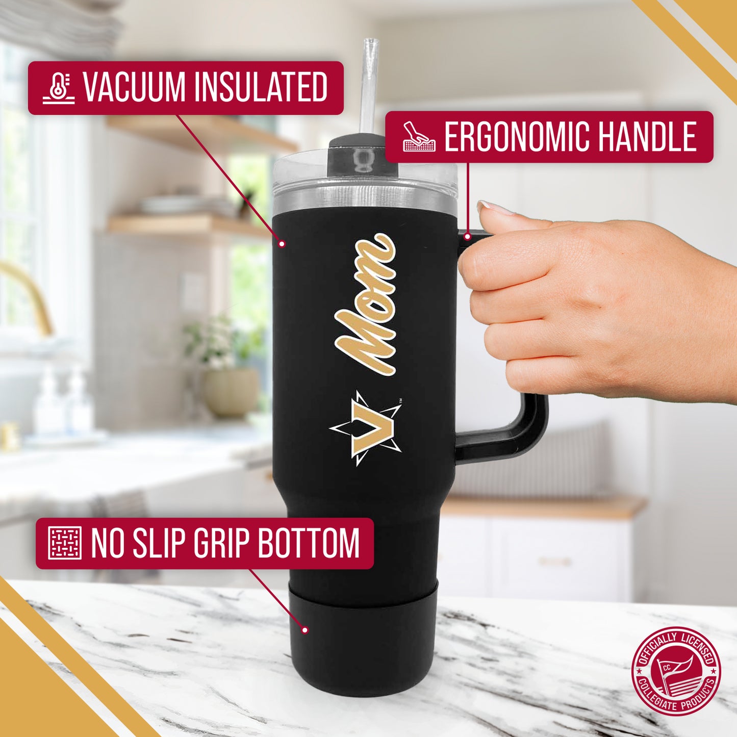 Vanderbilt Commodores Collegiate 40oz Stainless Steel Travel Tumbler with Handle for Mom - Black