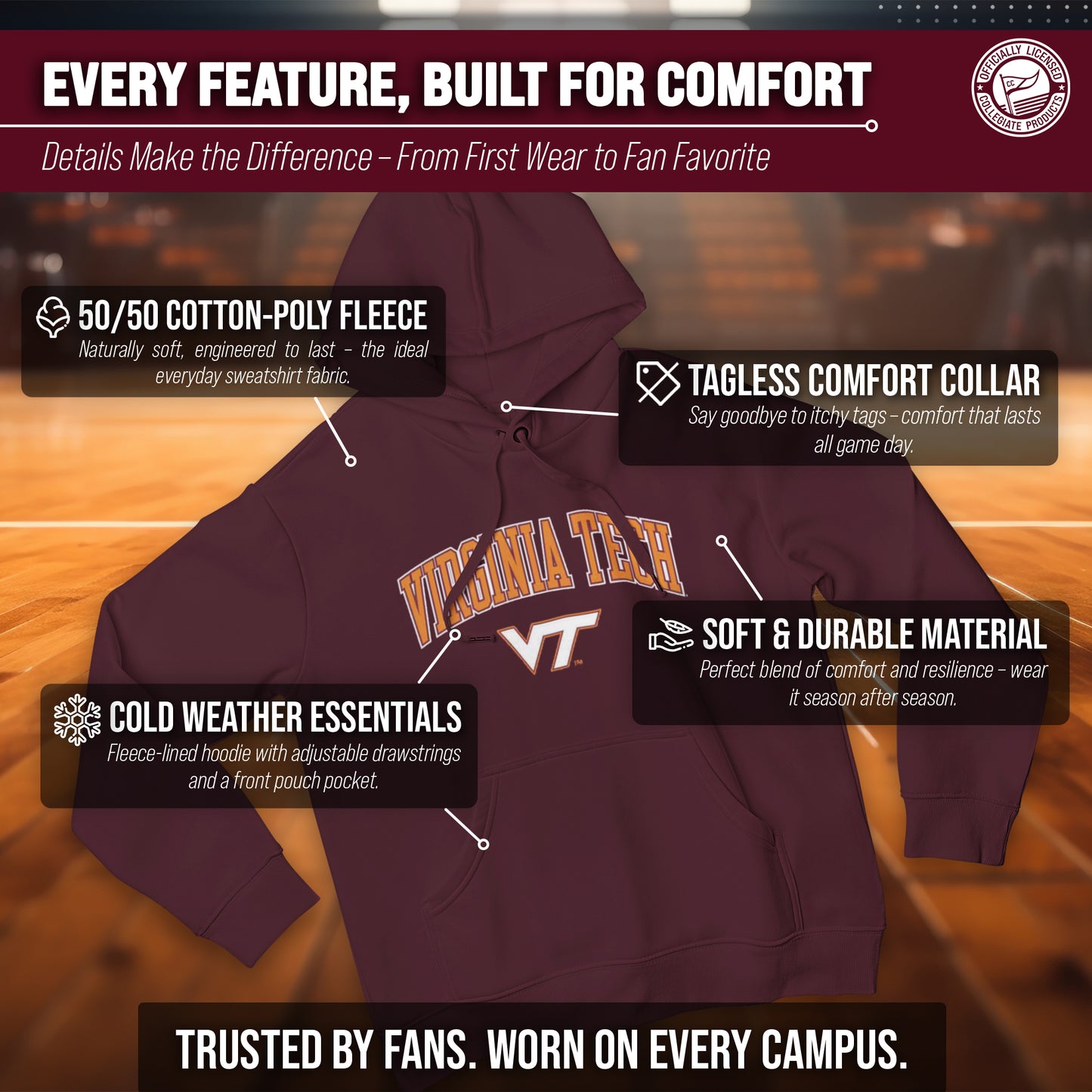 Virginia Tech Hokies Adult Arch & Logo Soft Style Gameday Hooded Sweatshirt - Maroon