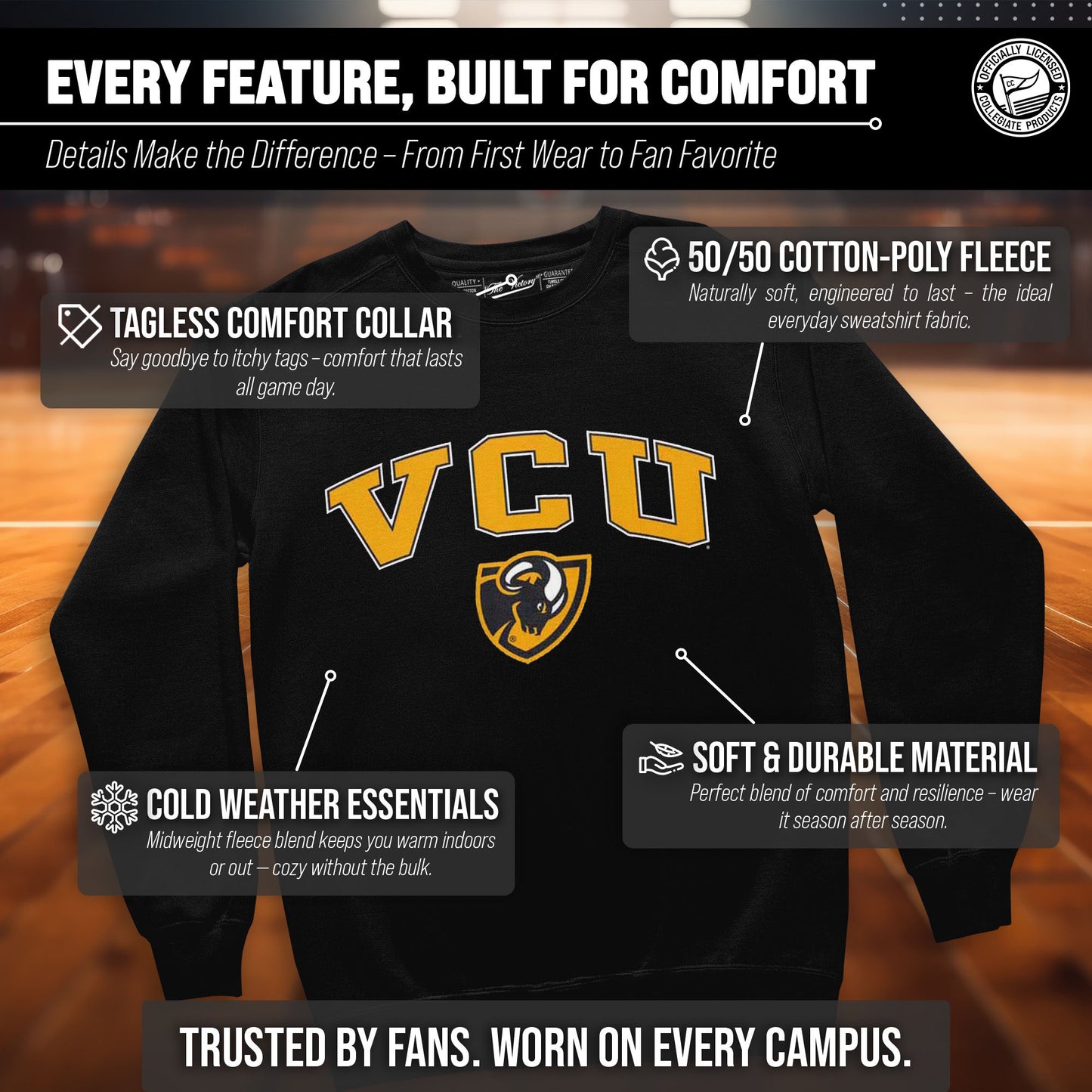 VCU Rams Adult Arch & Logo Soft Style Gameday Crewneck Sweatshirt - Black