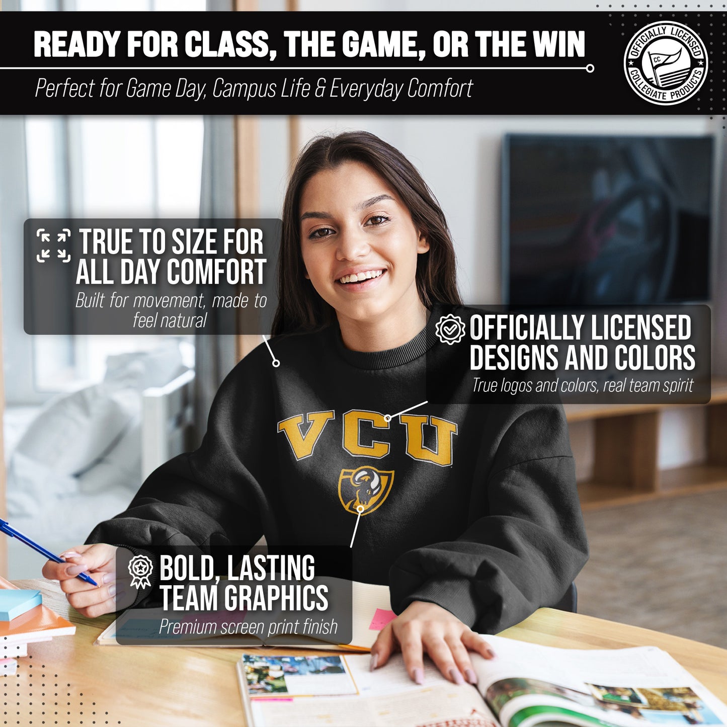 VCU Rams Adult Arch & Logo Soft Style Gameday Crewneck Sweatshirt - Black