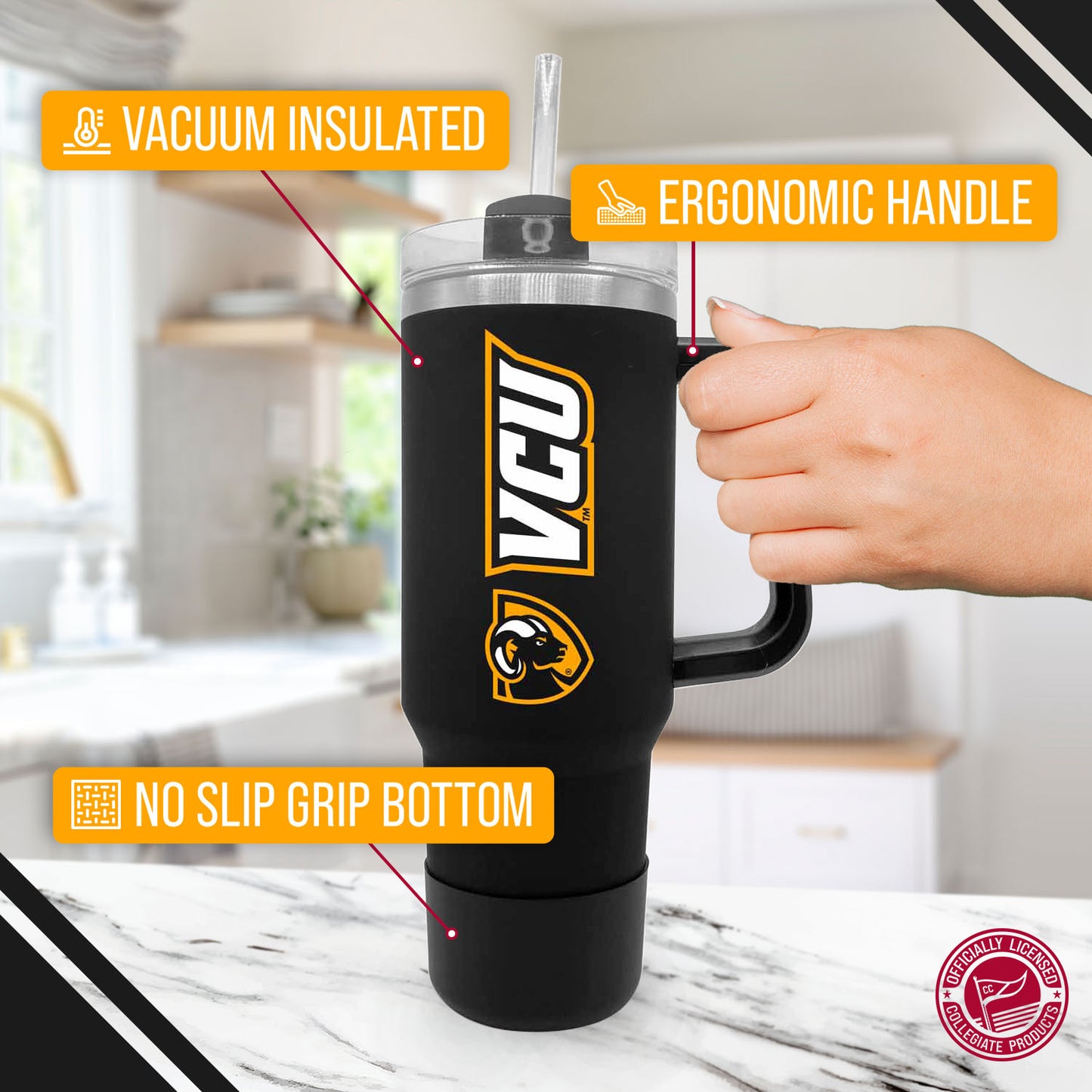VCU Rams College & University 40 oz Travel Tumbler With Handle - Black