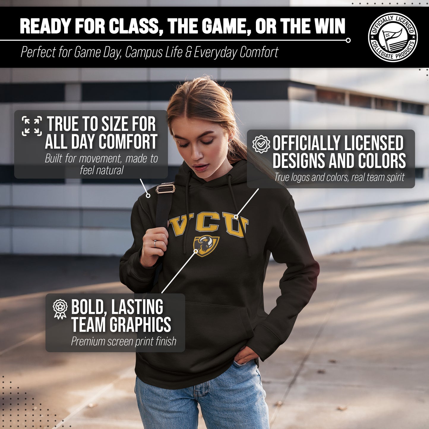 VCU Rams Adult Arch & Logo Soft Style Gameday Hooded Sweatshirt - Black