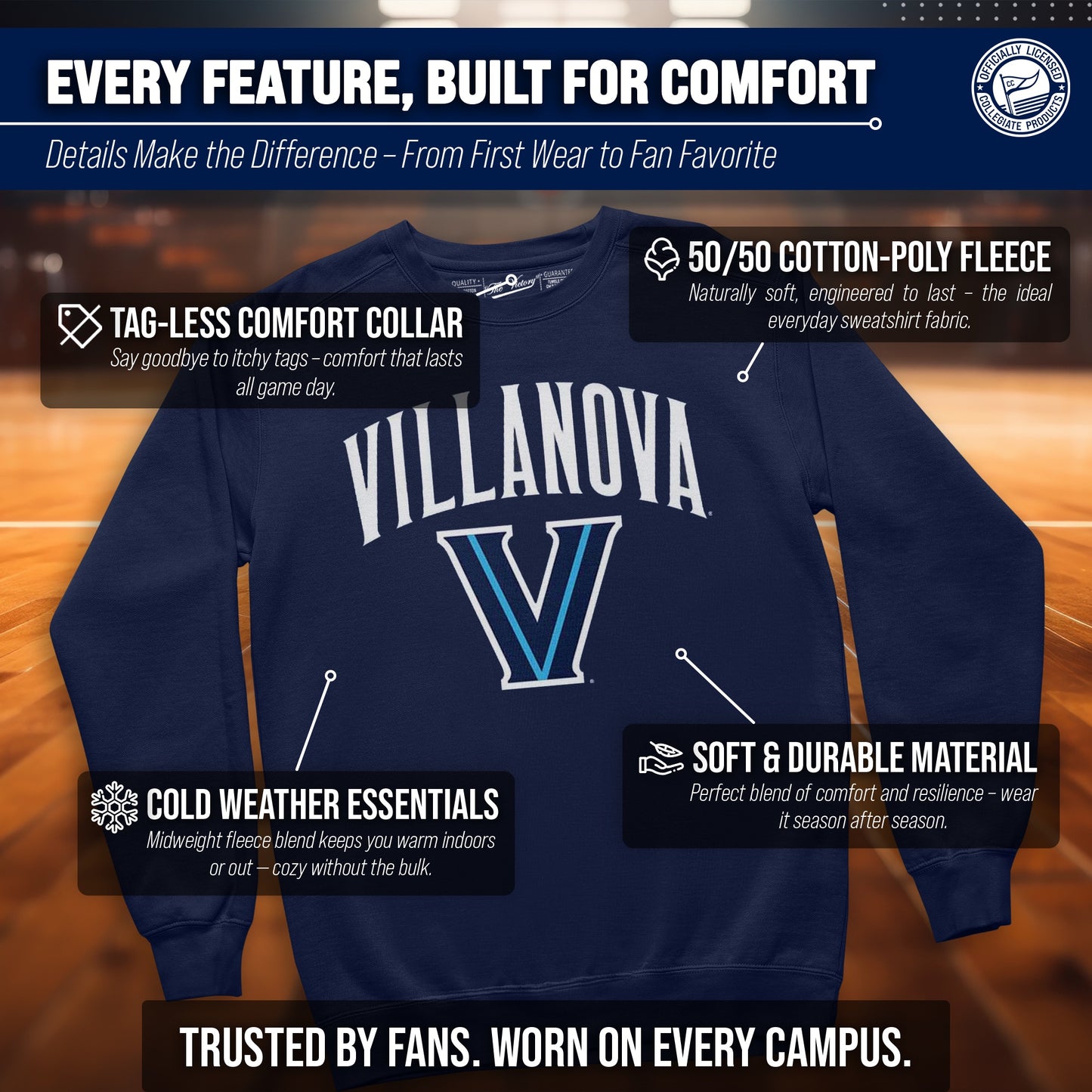 Villanova Wildcats Adult Arch & Logo Soft Style Gameday Crewneck Sweatshirt - Navy