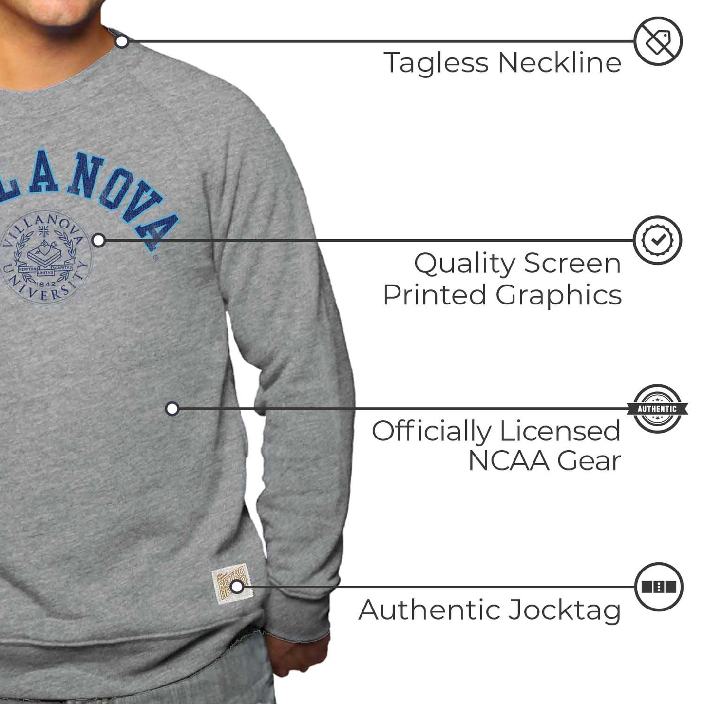Villanova Wildcats College Gray University Seal Crewneck Sweatshirt - Gray