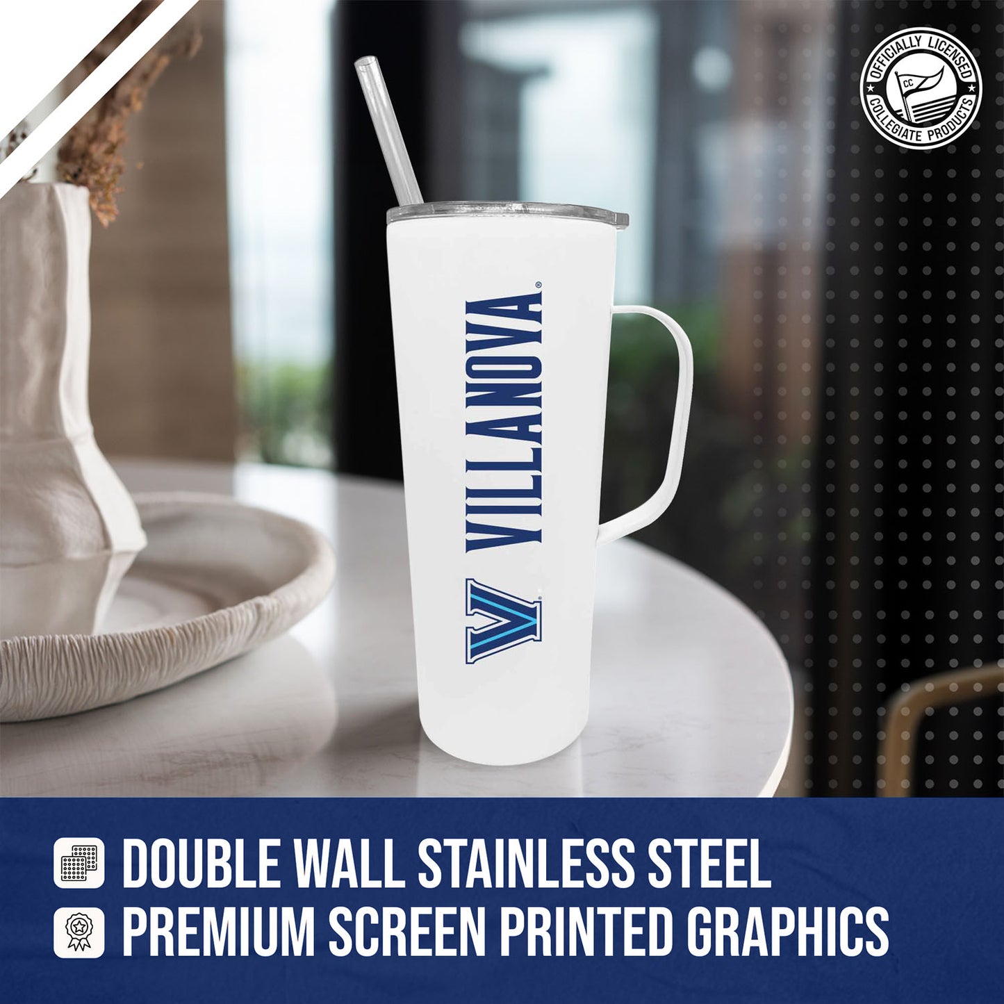 Villanova Wildcats NCAA Stainless Steel 20oz Roadie With Handle & Dual Option Lid With Straw - White