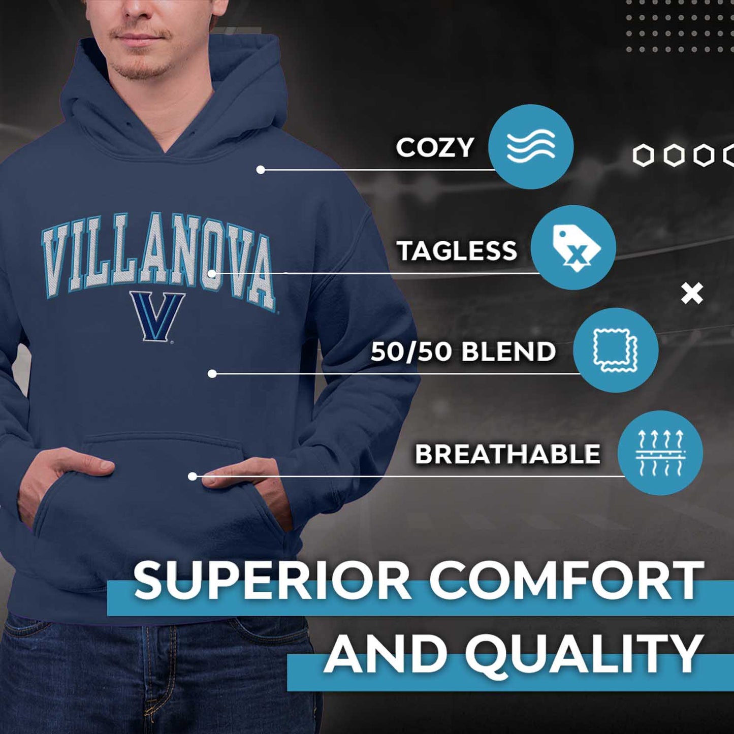 Villanova Wildcats NCAA Adult Tackle Twill Hooded Sweatshirt - Navy