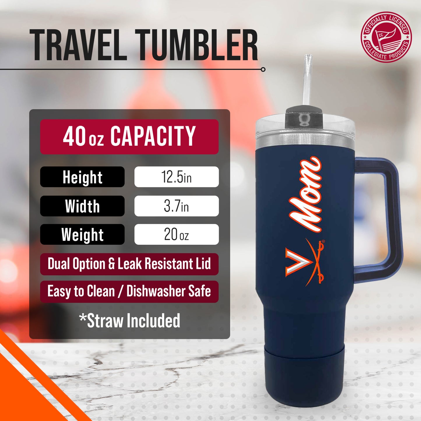 Virginia Cavaliers Collegiate 40oz Stainless Steel Travel Tumbler with Handle for Mom - Navy