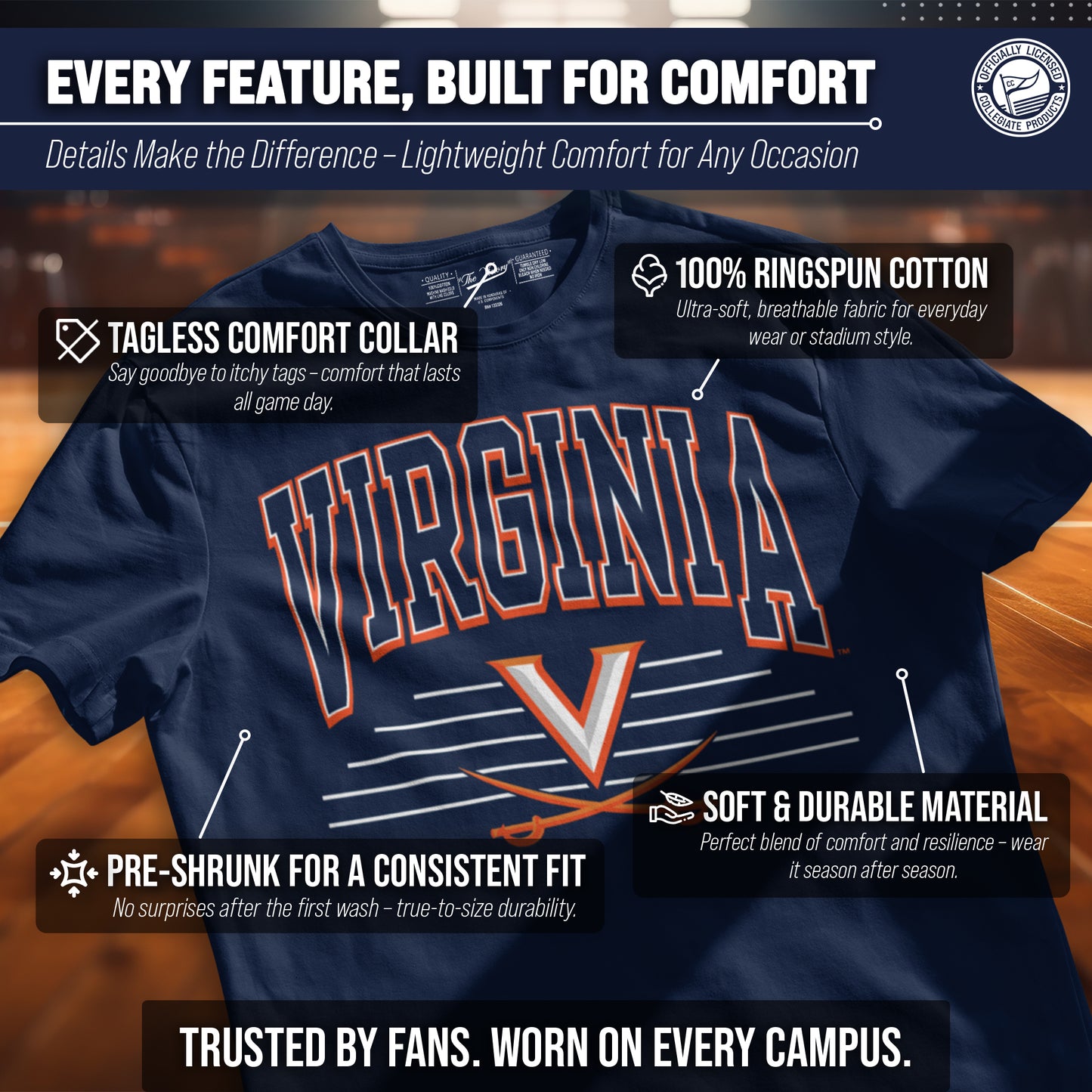 Virginia Cavaliers NCAA Adult Unisex Overtime Classics T-Shirt - Navy
