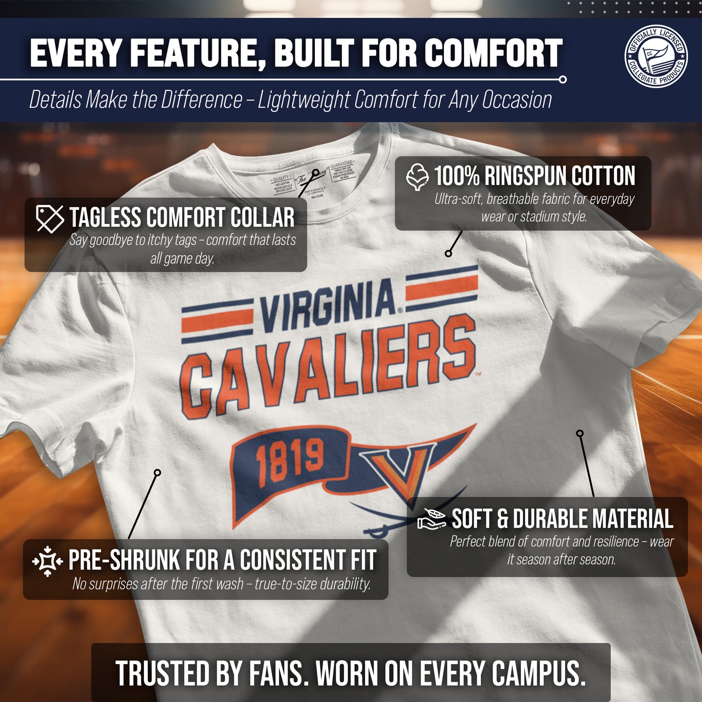 Virginia Cavaliers NCAA Adult Unisex Varsity Club Pennant T-Shirt Tag-Less - Off White
