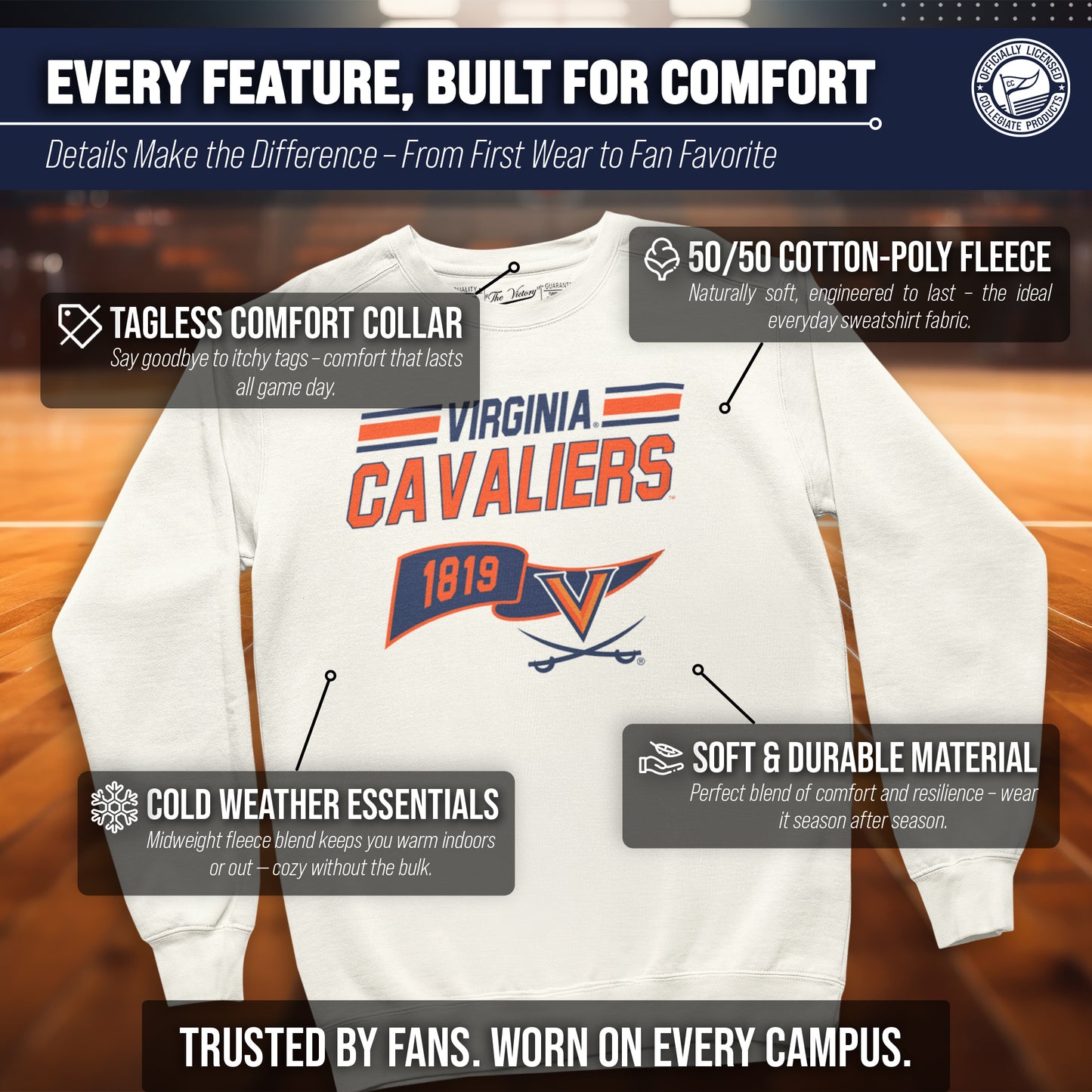 Virginia Cavaliers NCAA Adult Unisex Varsity Club Pennant Crewneck Fleece Sweatshirt - Off White