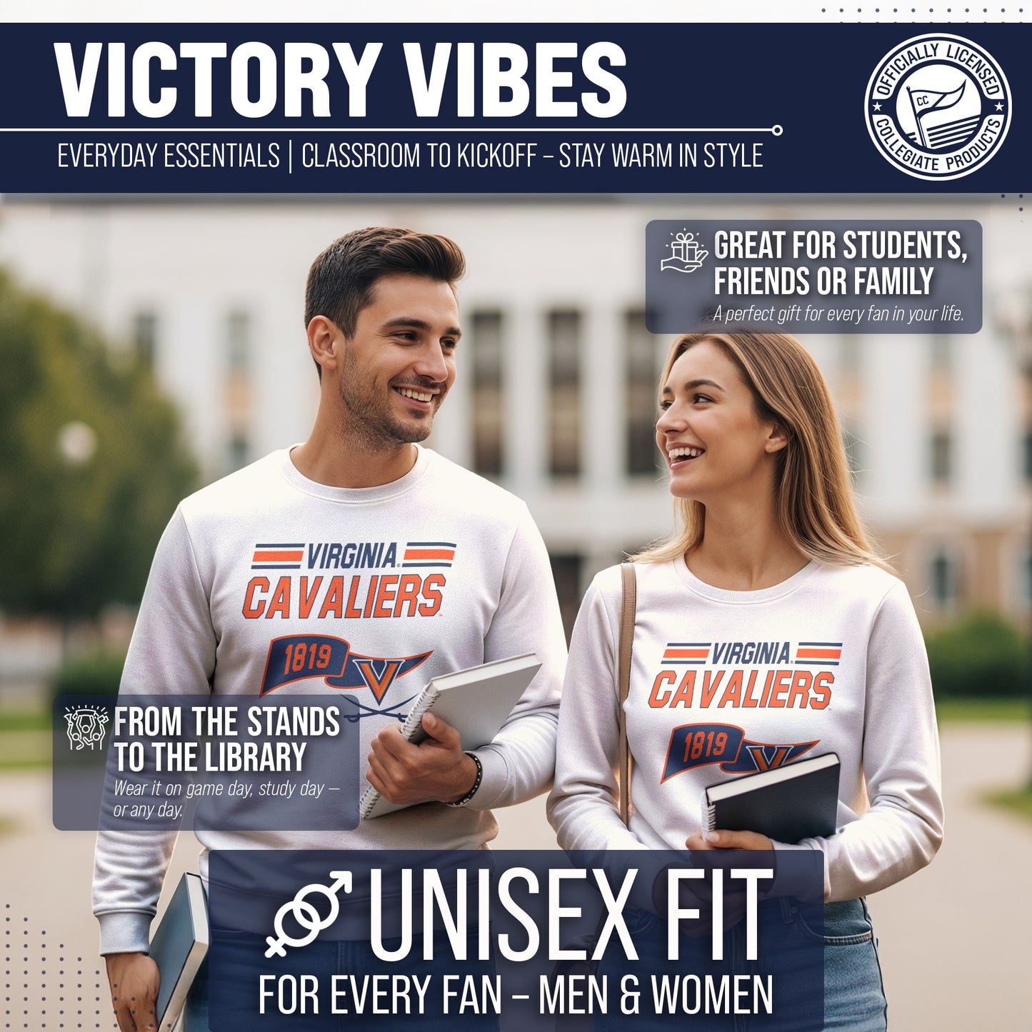 Virginia Cavaliers NCAA Adult Unisex Varsity Club Pennant Crewneck Fleece Sweatshirt - Off White