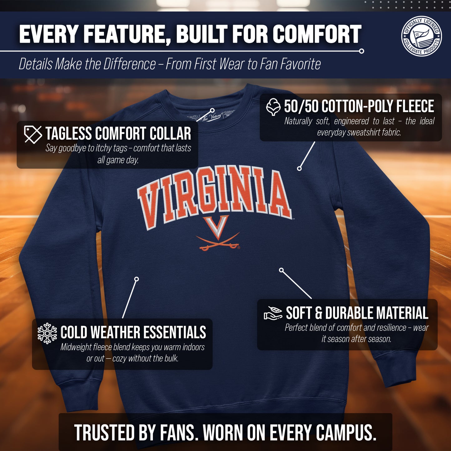 Virginia Cavaliers NCAA Adult Tackle Twill Crewneck Sweatshirt - Navy