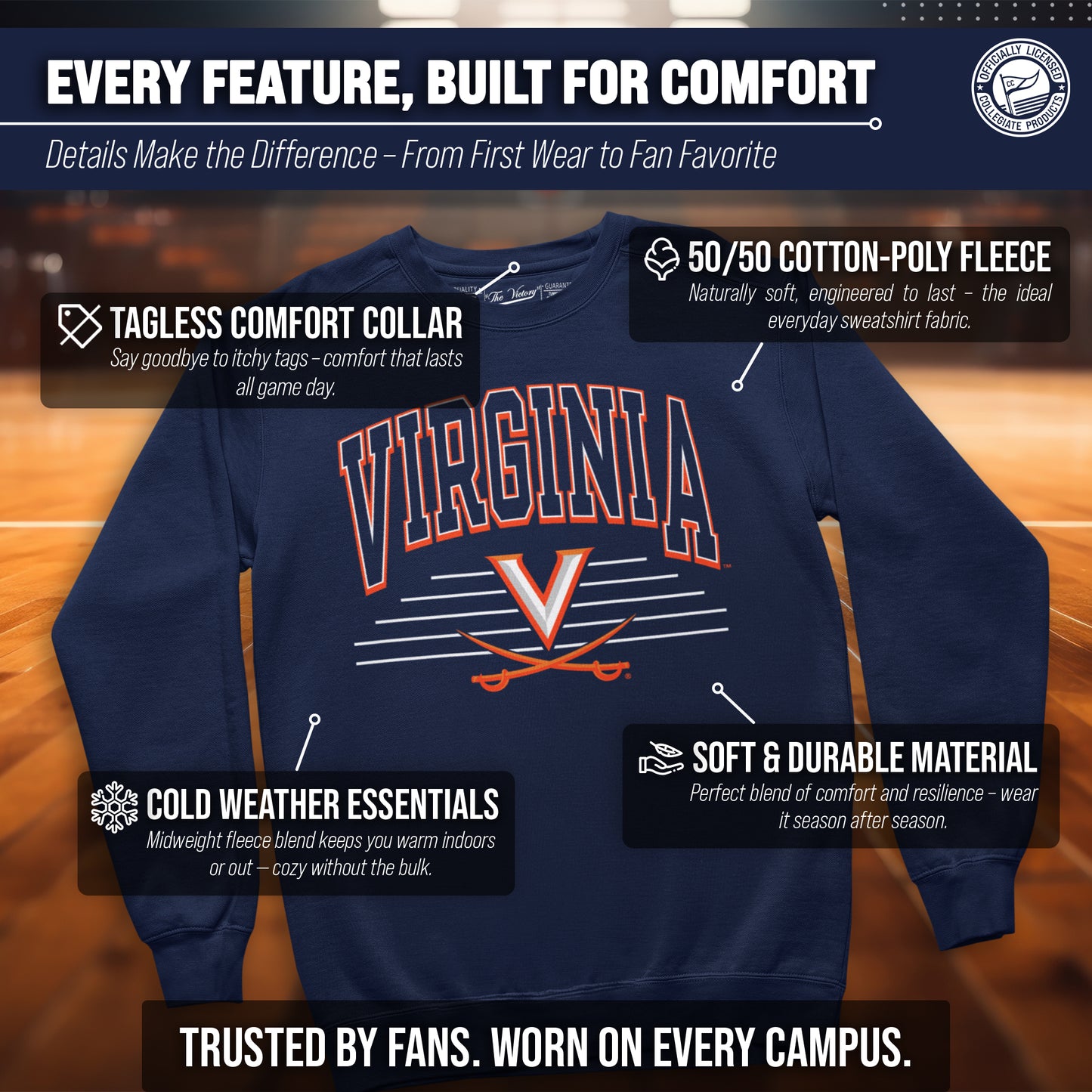 Virginia Cavaliers NCAA Adult Unisex Overtime Classics Crewneck Fleece Sweatshirt - Navy