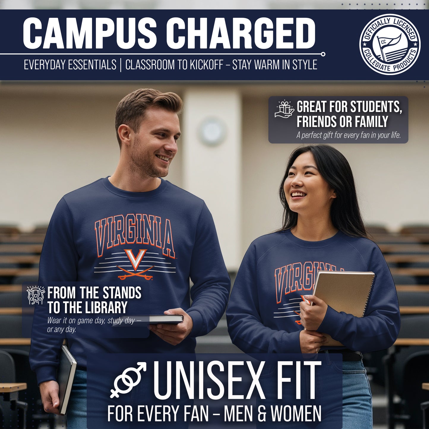 Virginia Cavaliers NCAA Adult Unisex Overtime Classics Crewneck Fleece Sweatshirt - Navy