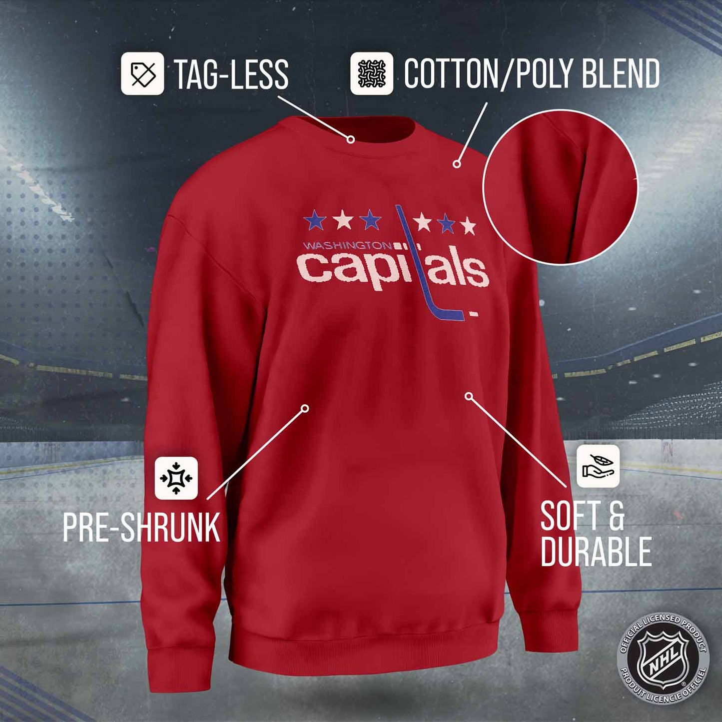 Washington Capitals Adult NHL Retro Logo Hockey Fleece Crewneck Sweatshirt - Red Heather