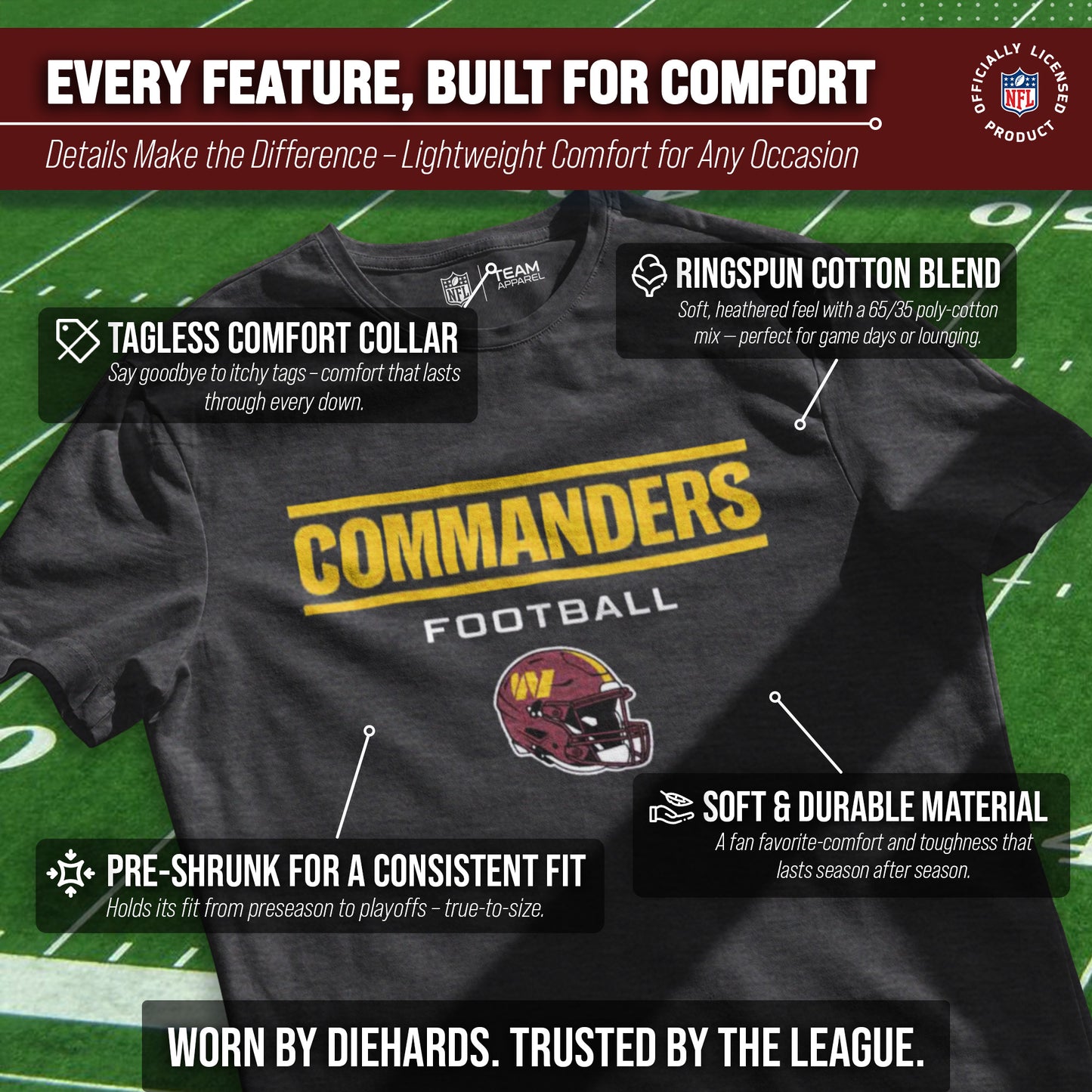 Washington Commanders NFL Adult Football Helmet Tagless T-Shirt - Charcoal