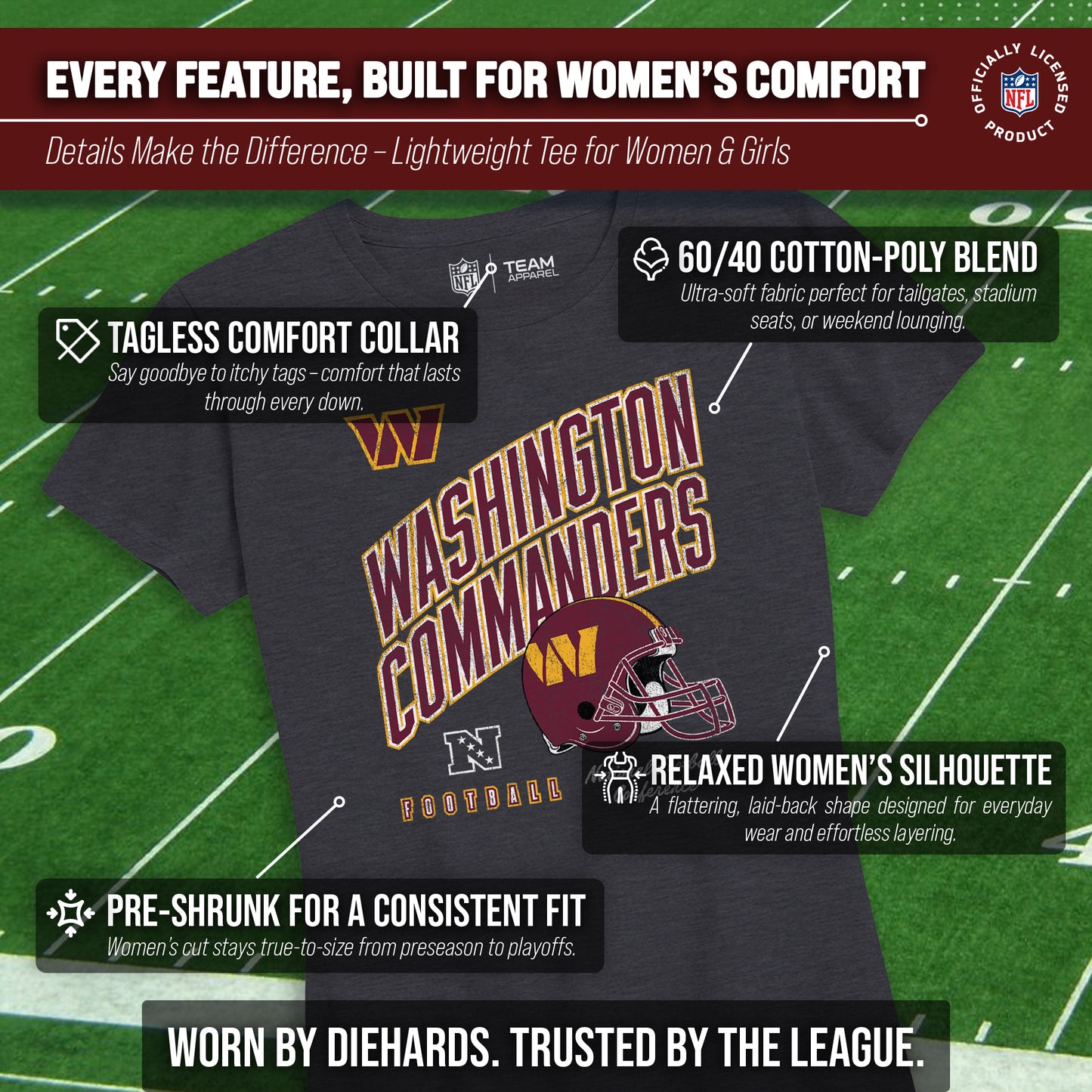 Washington Commanders NFL Womens Distressed Helmet Tag-Less Soft T-Shirt - Heather Charcoal