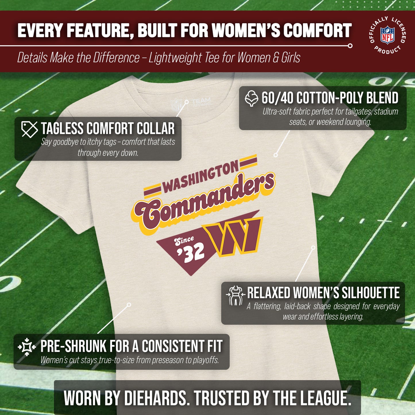Washington Commanders NFL Womens Vintage Charm Tag-Less Soft T-Shirt - Birch