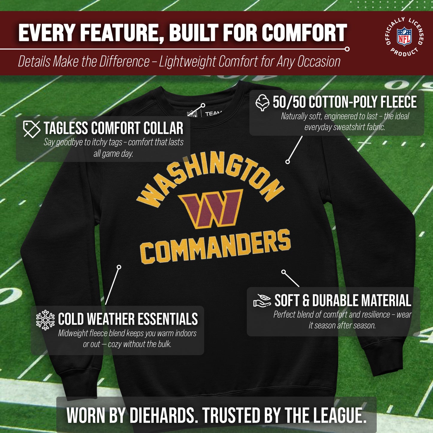 Washington Commanders NFL Adult Gameday Football Crewneck Sweatshirt - Black