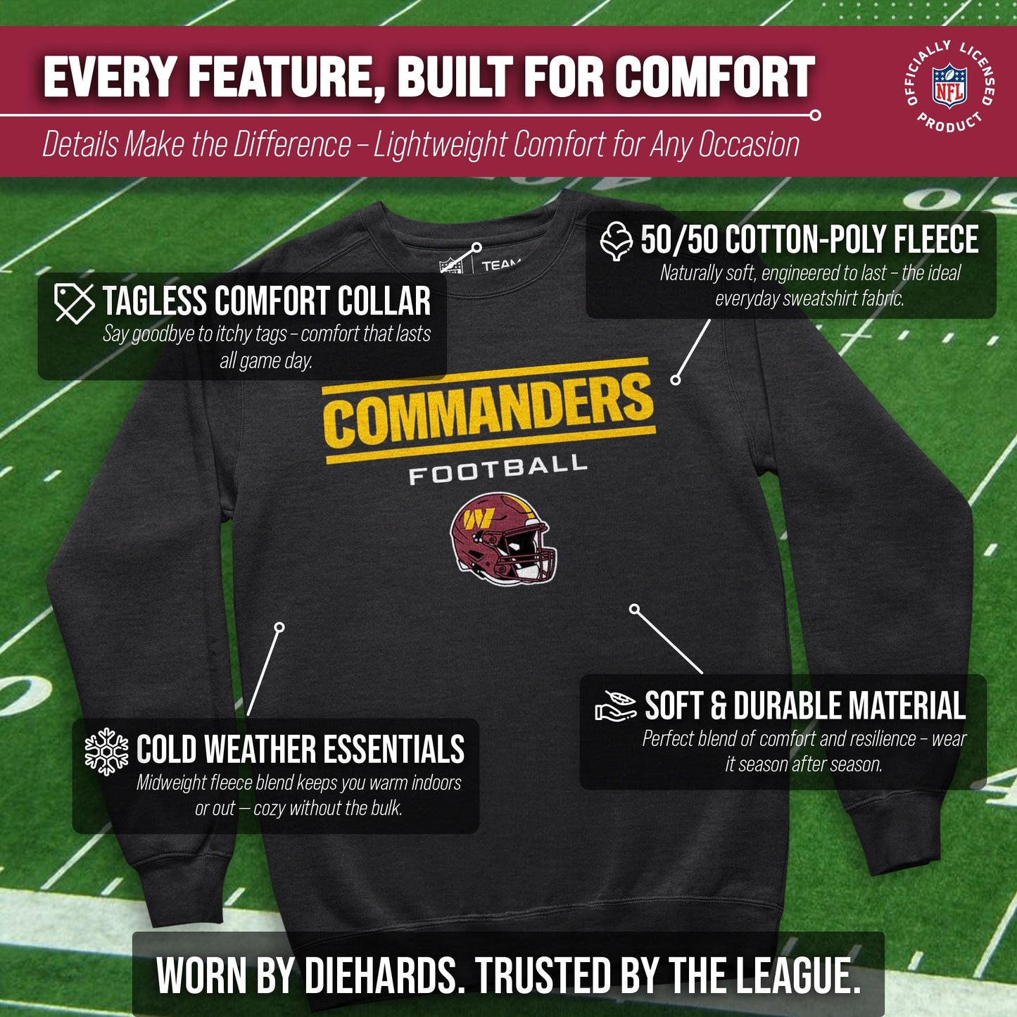 Washington Commanders Adult NFL Football Helmet Heather Crewneck Sweatshirt - Charcoal