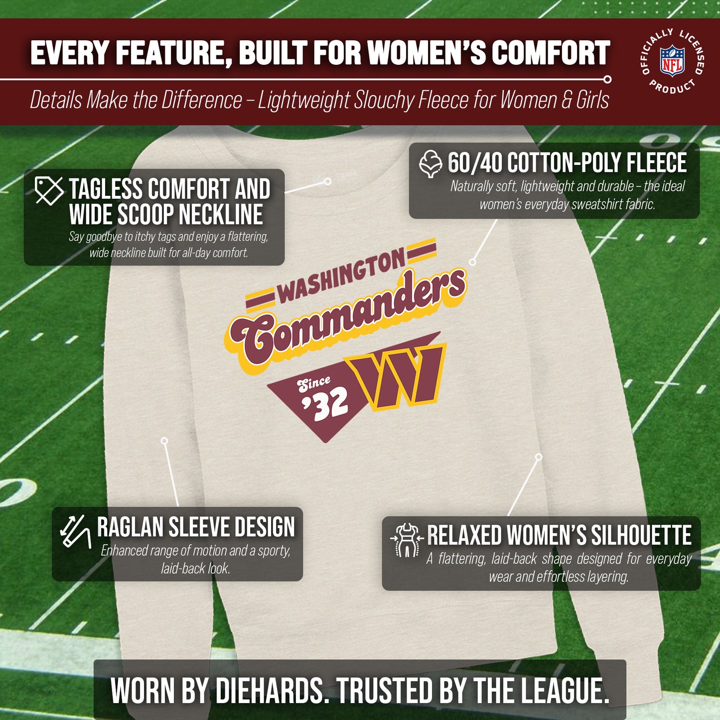 Washington Commanders NFL Womens Vintage Charm Slouchy Crewneck - Birch