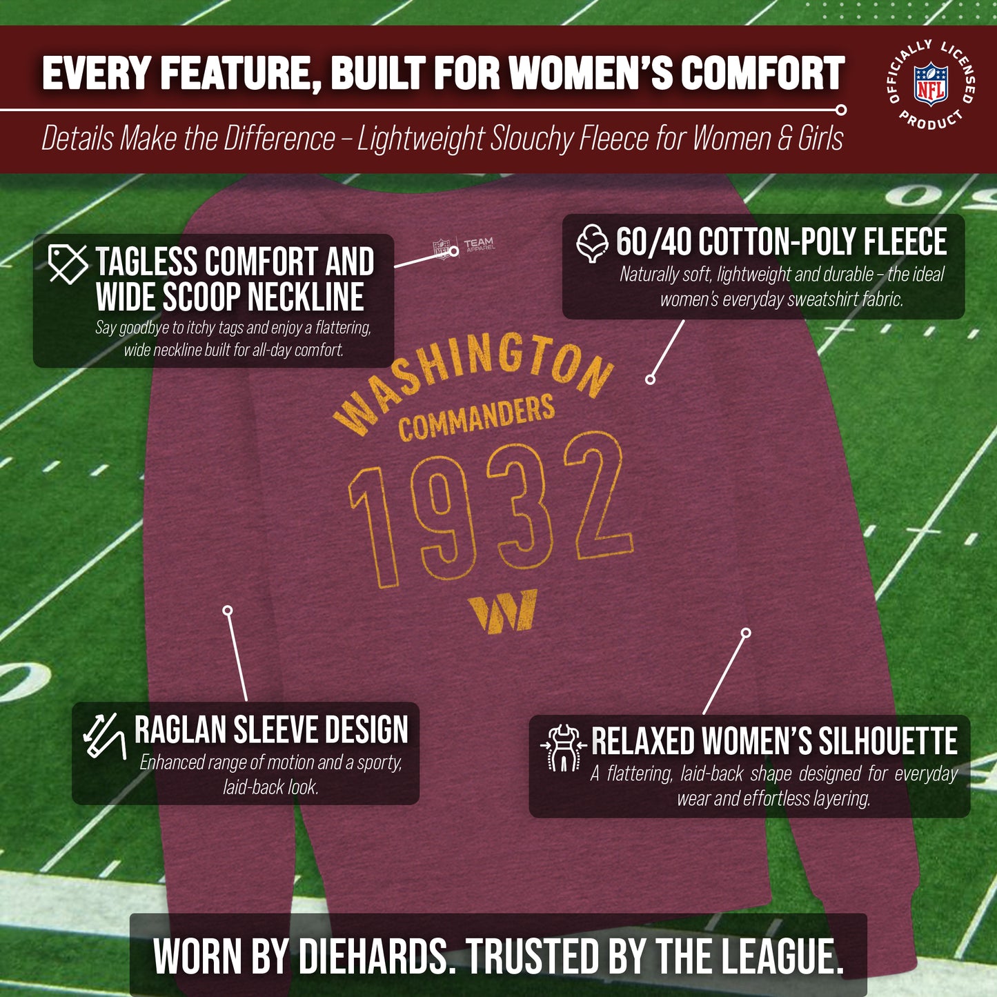 Washington Commanders NFL Womens Big Date French Terry Slouchy Top - Maroon Heather