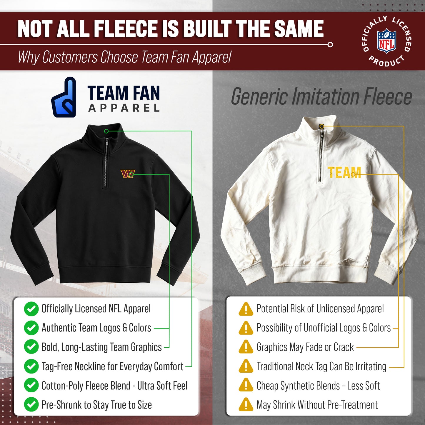 Washington Commanders NFL Adult Unisex Team Logo Quarter Zip Pullover Sweatshirt - Black