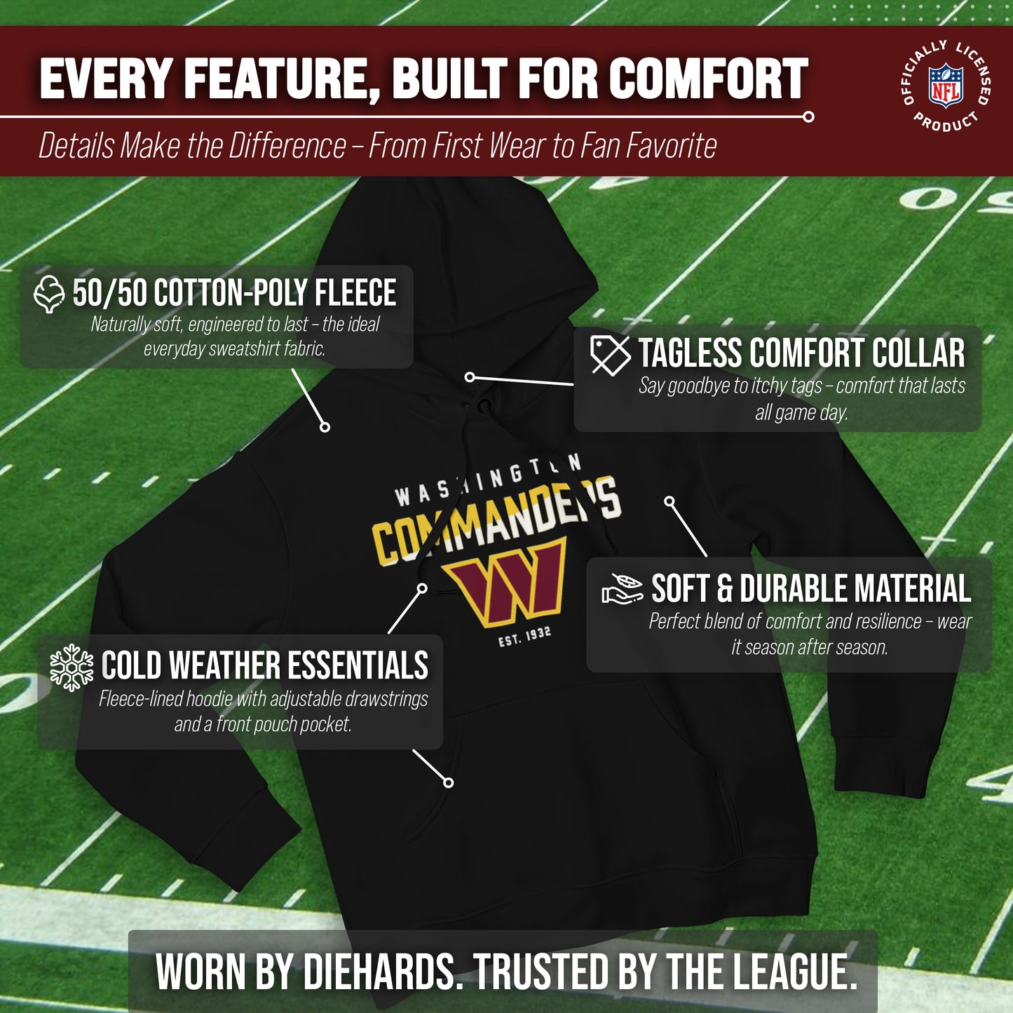 Washington Commanders Adult NFL Diagonal Fade Fleece Hooded Sweatshirt - Black