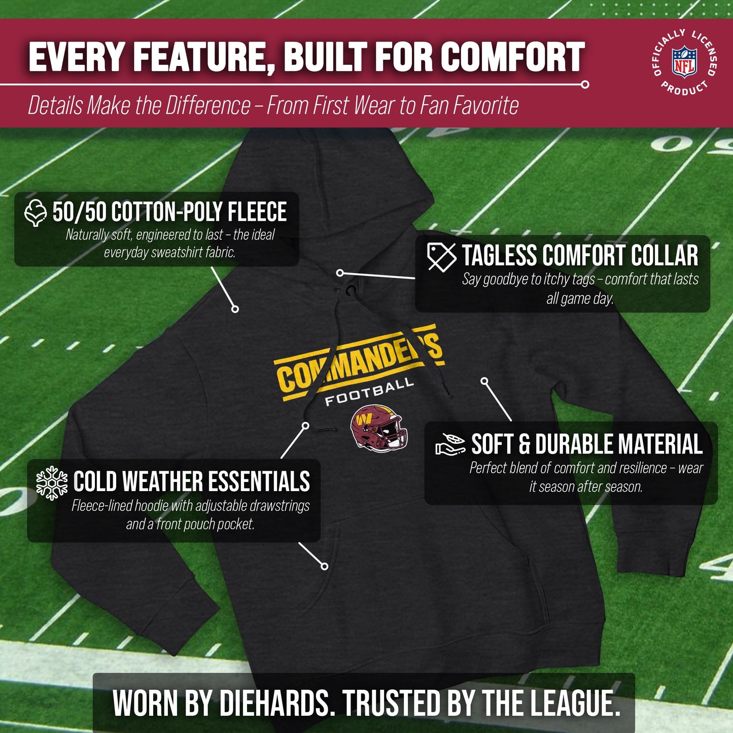 Washington Commanders Adult NFL Football Helmet Heather Hooded Sweatshirt  - Charcoal