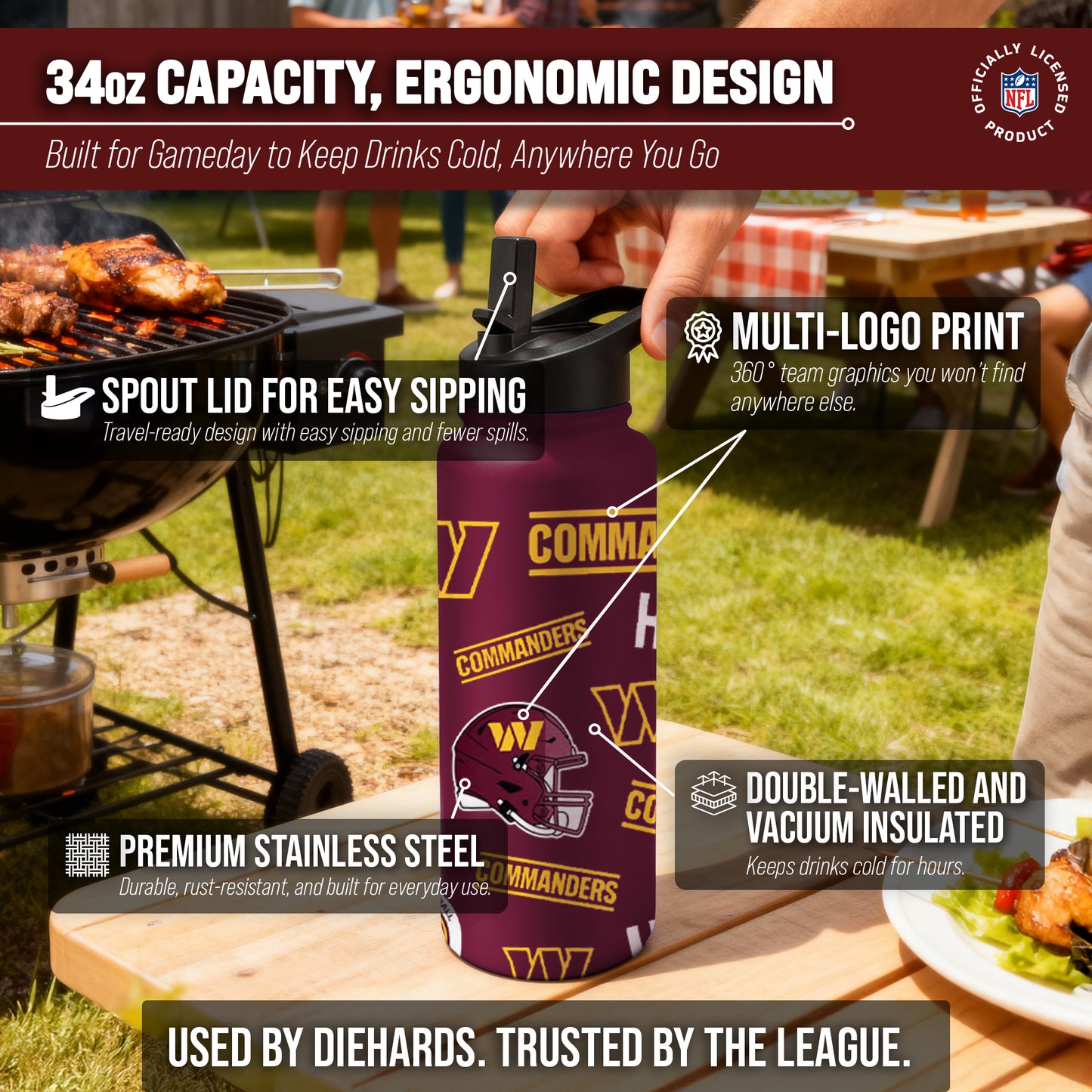 Washington Commanders NFL 34oz Quencher Stainless Steel Insulated Water Bottle - Maroon