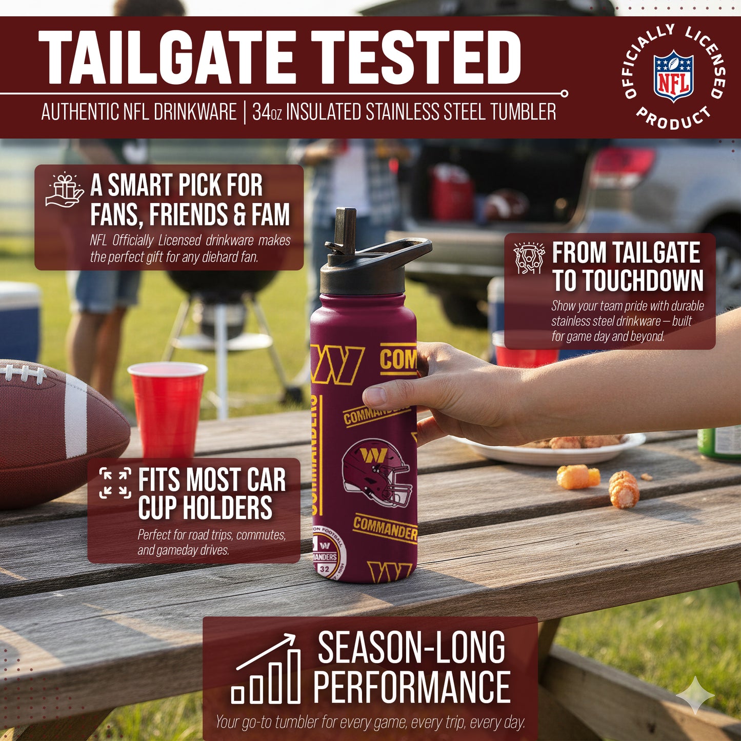 Washington Commanders NFL 34oz Quencher Stainless Steel Insulated Water Bottle - Maroon